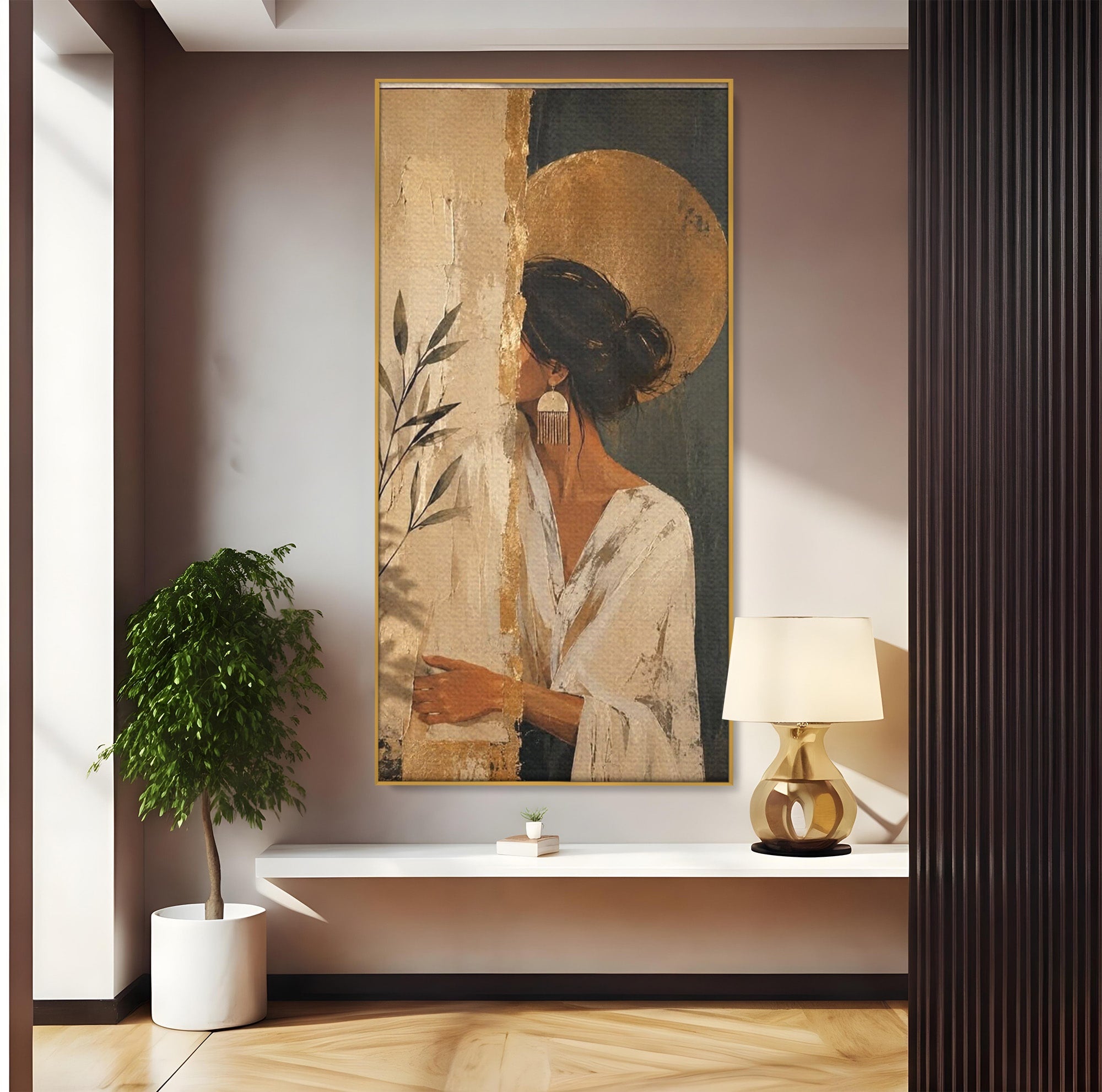 Tablou Canvas Premium LuxCanva® PI1146, Misterul Femeii Cu Cerc Auriu, Diva, Portret, Abstract, Eleganta, Dormitor, Culori Vibrante
