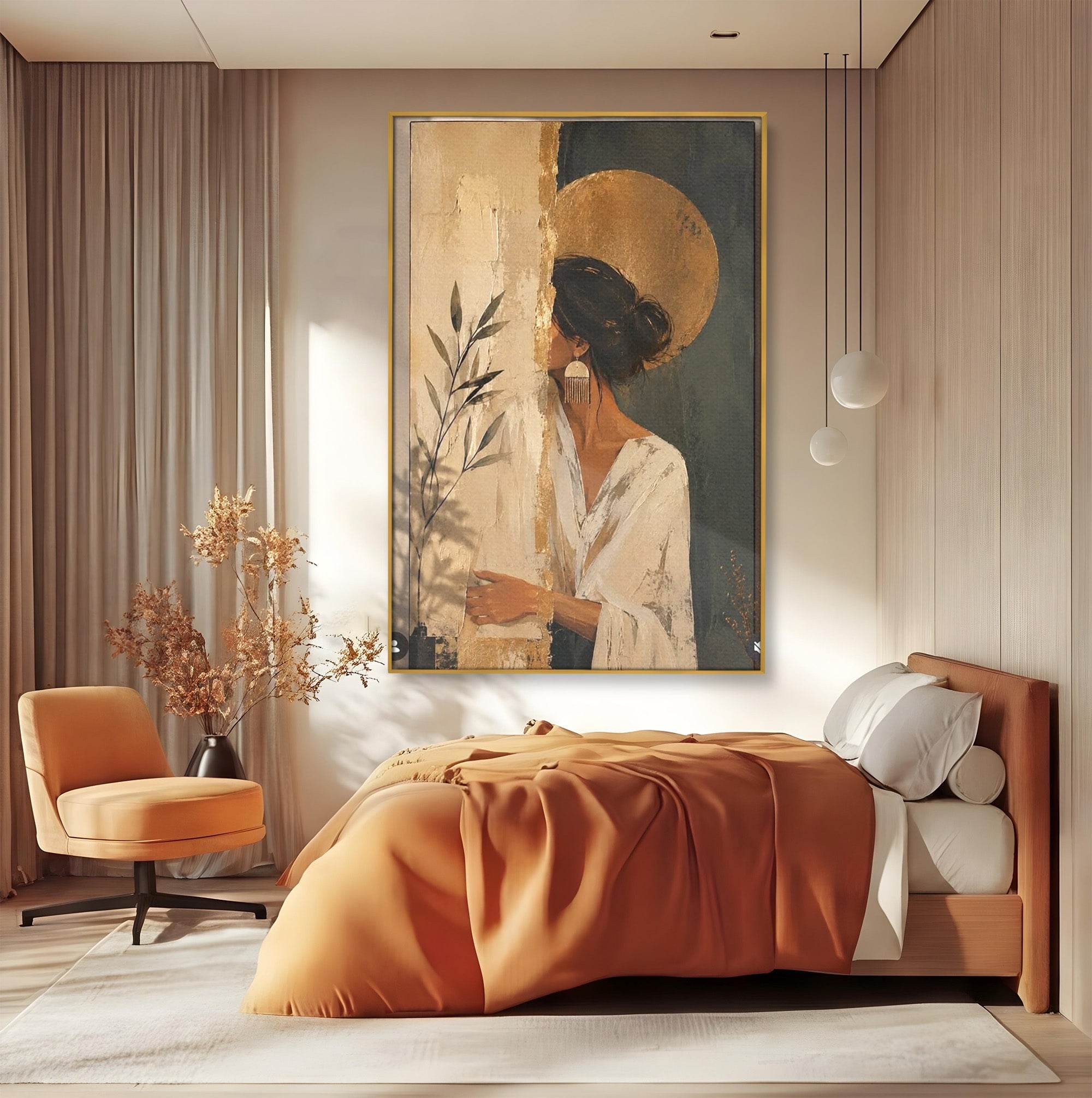 Tablou Canvas Premium LuxCanva® PI1146, Misterul Femeii Cu Cerc Auriu, Diva, Portret, Abstract, Eleganta, Dormitor, Culori Vibrante
