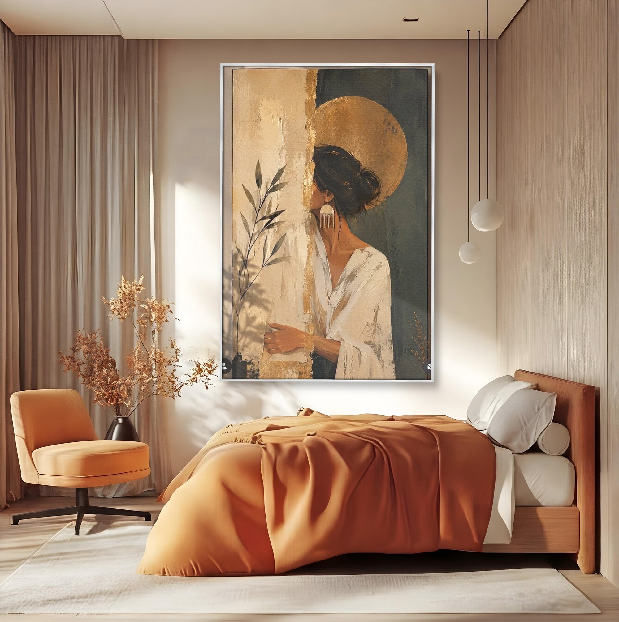 Tablou Canvas Premium LuxCanva® PI1146, Misterul Femeii Cu Cerc Auriu, Diva, Portret, Abstract, Eleganta, Dormitor, Culori Vibrante