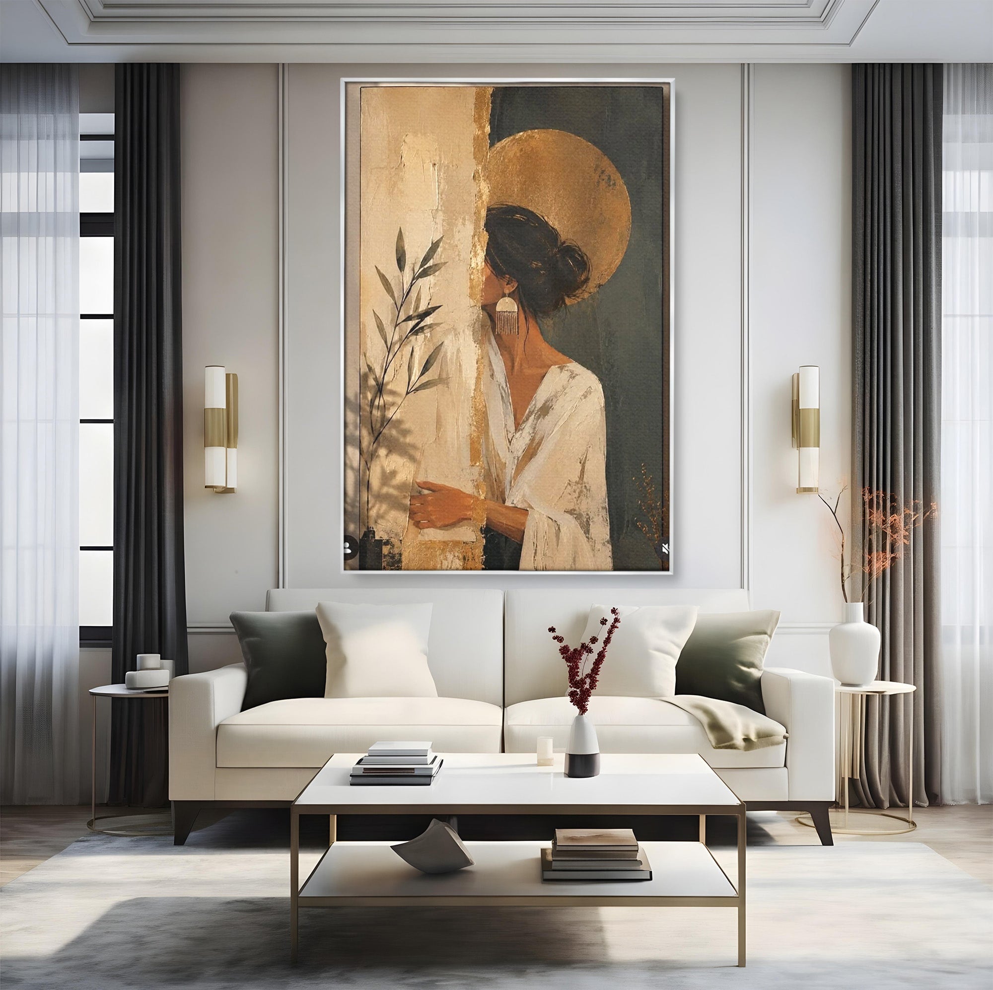 Tablou Canvas Premium LuxCanva® PI1146, Misterul Femeii Cu Cerc Auriu, Diva, Portret, Abstract, Eleganta, Dormitor, Culori Vibrante