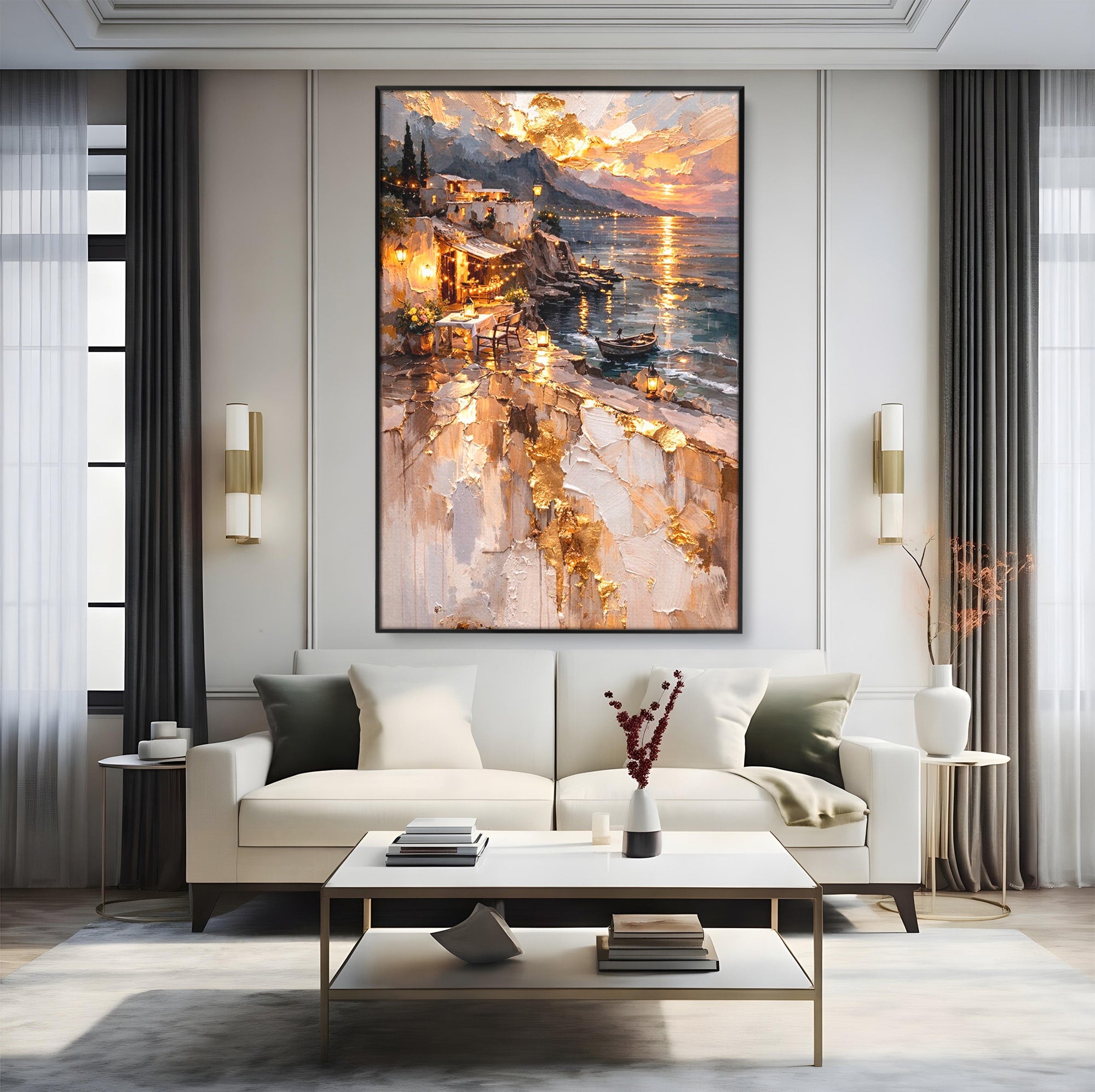 Tablou Canvas Premium LuxCanva® PI1147, Apus Mediteranean, Seara, Mare, Peisaj, Mediterranean, Living, Culori Vibrante