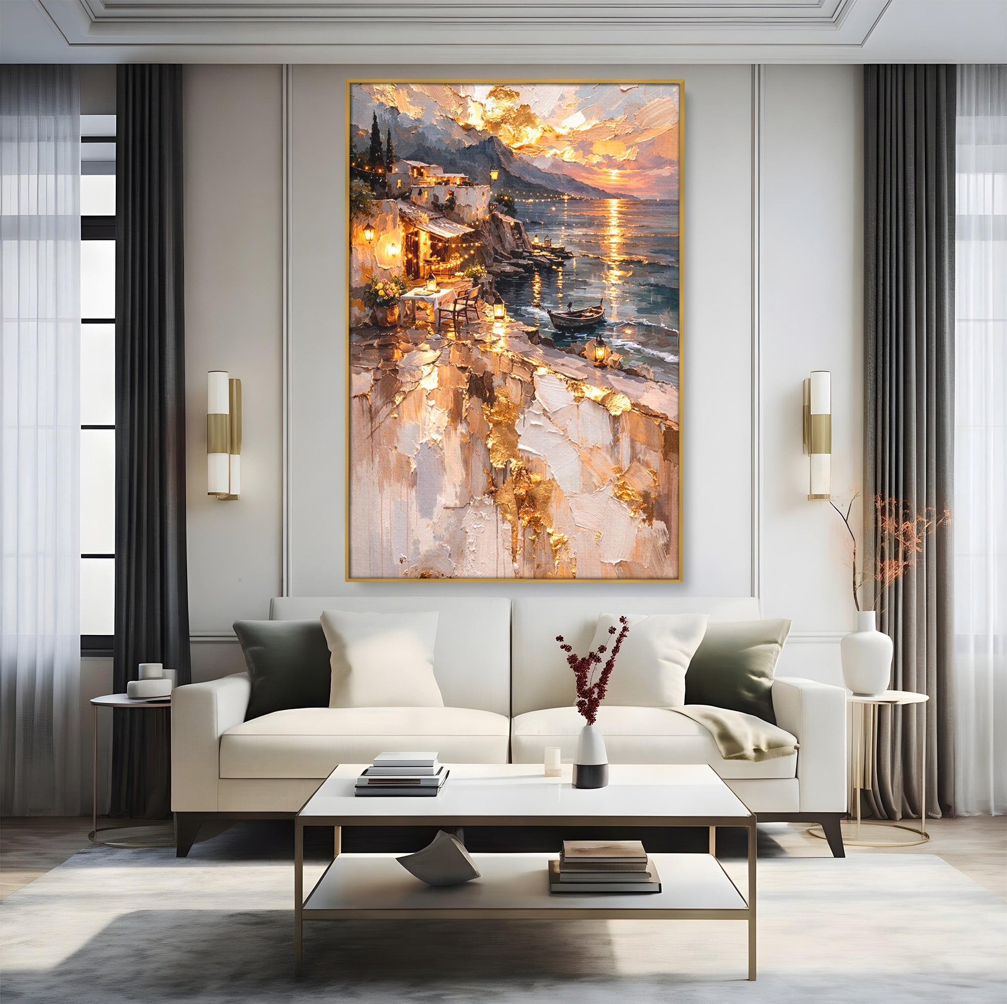 Tablou Canvas Premium LuxCanva® PI1147, Apus Mediteranean, Seara, Mare, Peisaj, Mediterranean, Living, Culori Vibrante