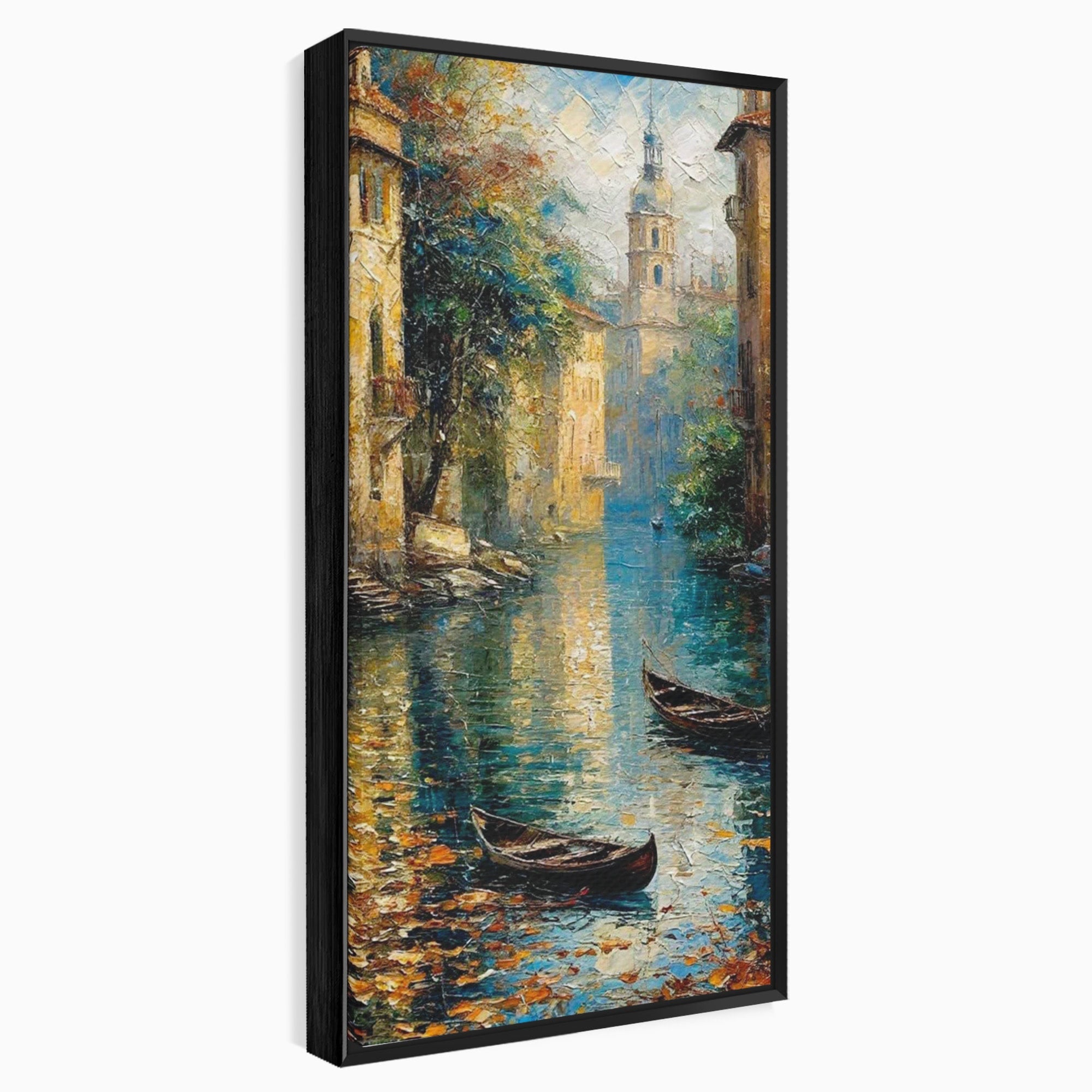 Tablou Canvas Premium LuxCanva® PI1148, Canalul Linistit, Peisaj, Apa, Barci, Toamna, Oras, Living, Culori Vibrante