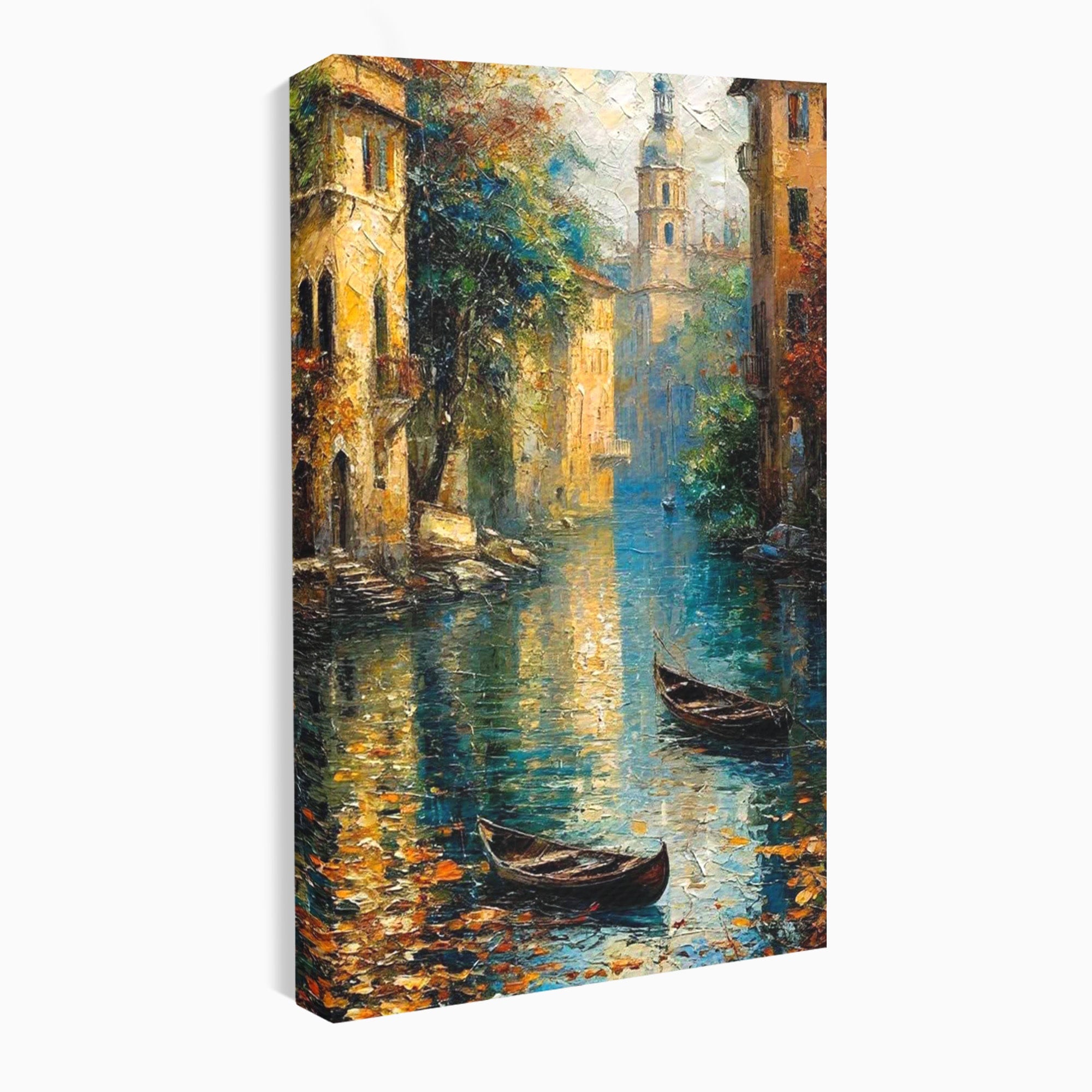 Tablou Canvas Premium LuxCanva® PI1148, Canalul Linistit, Peisaj, Apa, Barci, Toamna, Oras, Living, Culori Vibrante