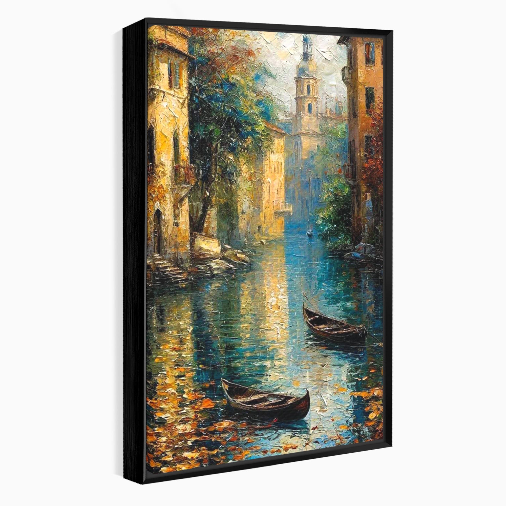 Tablou Canvas Premium LuxCanva® PI1148, Canalul Linistit, Peisaj, Apa, Barci, Toamna, Oras, Living, Culori Vibrante