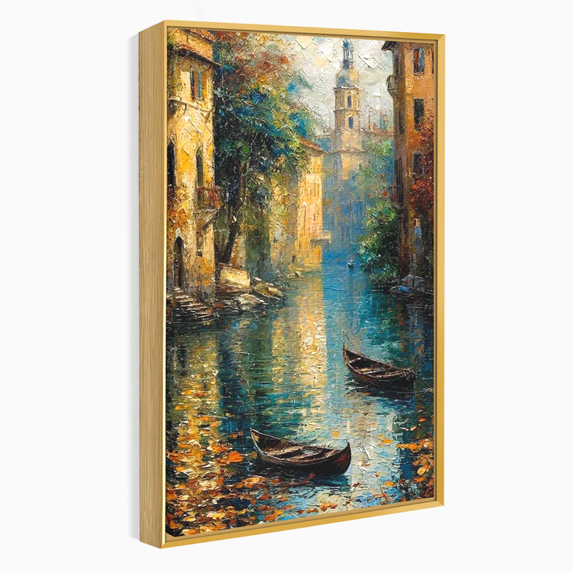 Tablou Canvas Premium LuxCanva® PI1148, Canalul Linistit, Peisaj, Apa, Barci, Toamna, Oras, Living, Culori Vibrante