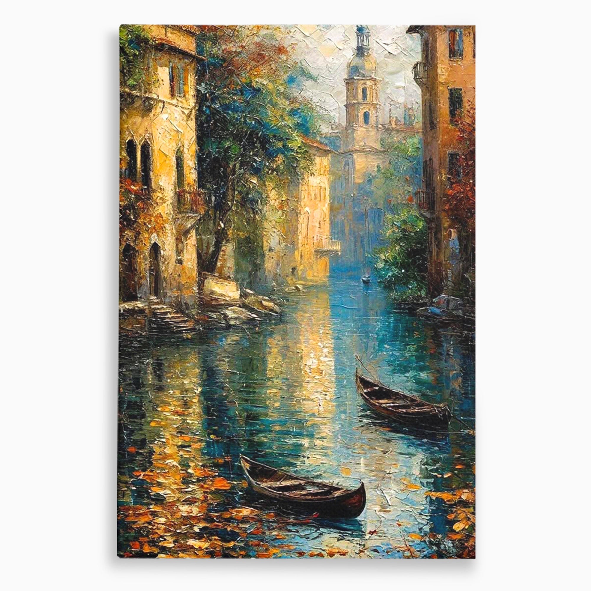 Tablou Canvas Premium LuxCanva® PI1148, Canalul Linistit, Peisaj, Apa, Barci, Toamna, Oras, Living, Culori Vibrante