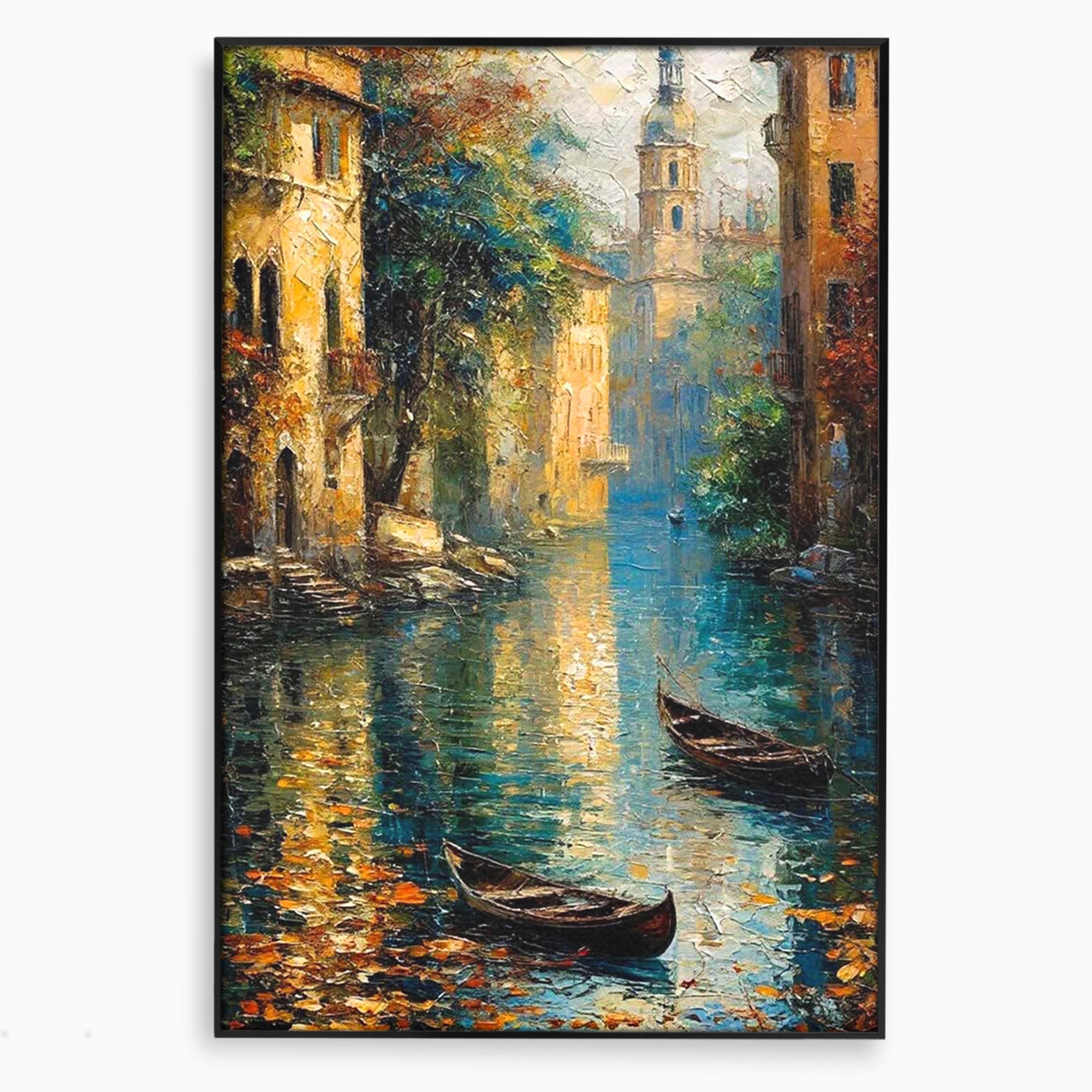 Tablou Canvas Premium LuxCanva® PI1148, Canalul Linistit, Peisaj, Apa, Barci, Toamna, Oras, Living, Culori Vibrante