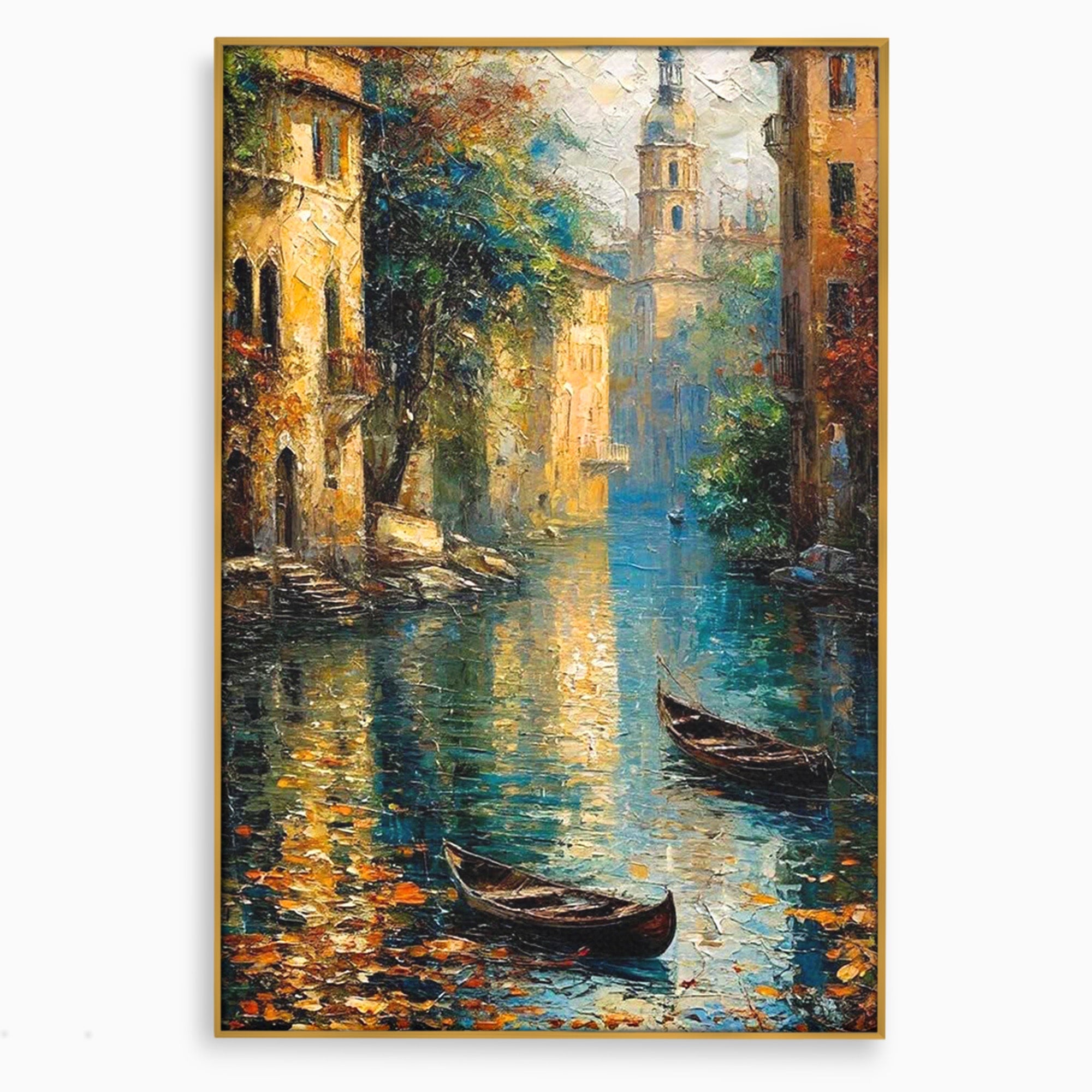 Tablou Canvas Premium LuxCanva® PI1148, Canalul Linistit, Peisaj, Apa, Barci, Toamna, Oras, Living, Culori Vibrante