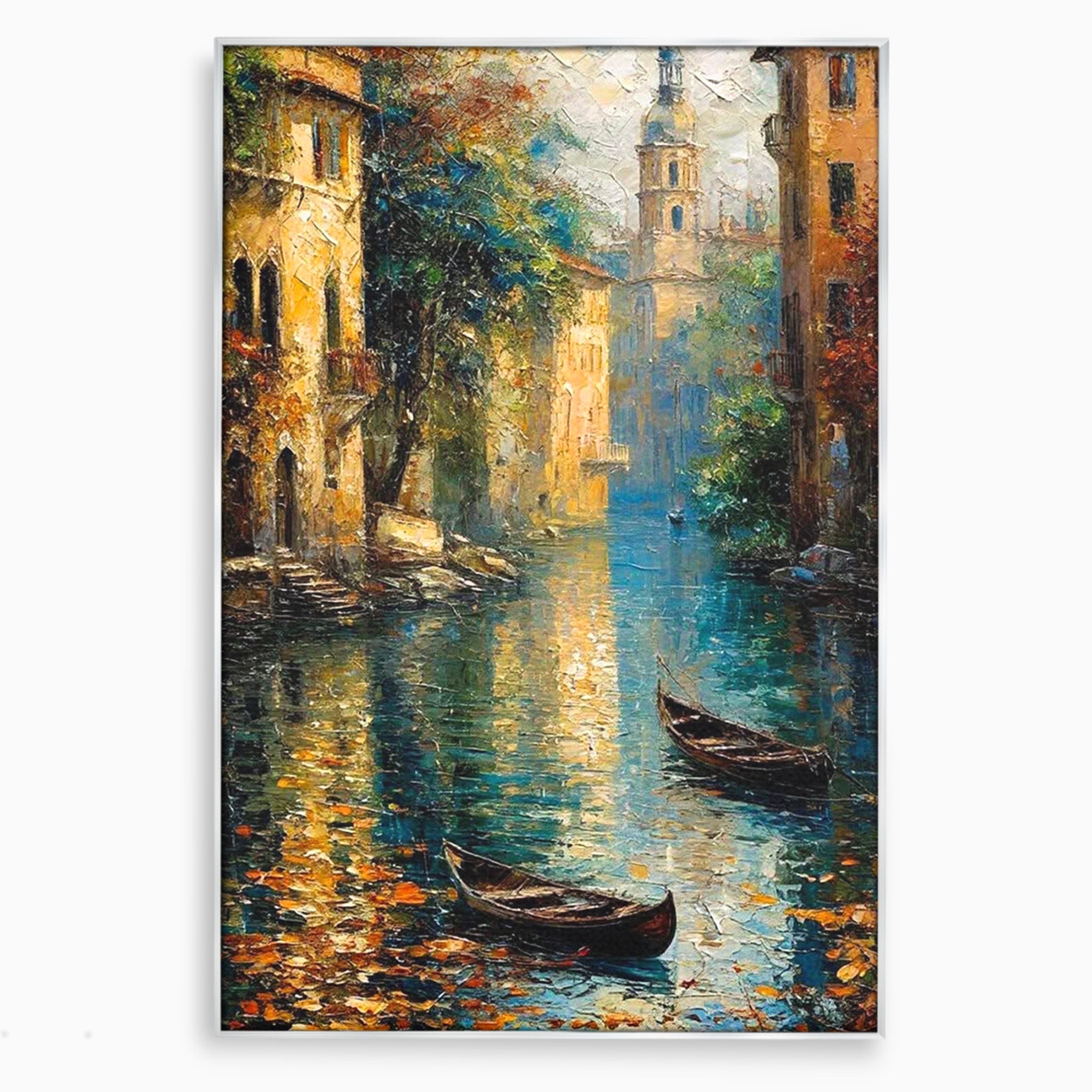 Tablou Canvas Premium LuxCanva® PI1148, Canalul Linistit, Peisaj, Apa, Barci, Toamna, Oras, Living, Culori Vibrante