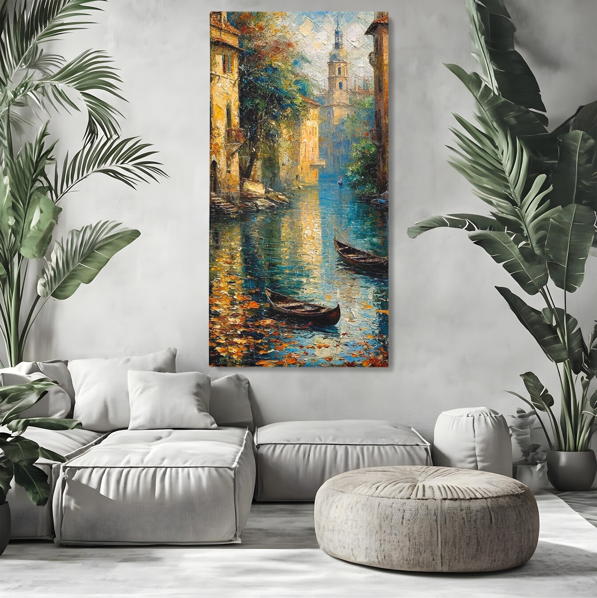 Tablou Canvas Premium LuxCanva® PI1148, Canalul Linistit, Peisaj, Apa, Barci, Toamna, Oras, Living, Culori Vibrante