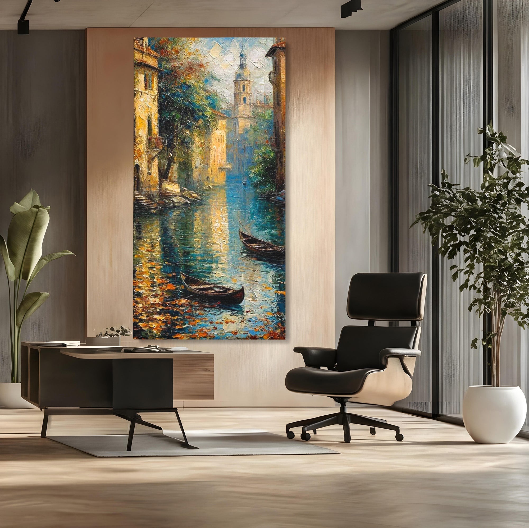 Tablou Canvas Premium LuxCanva® PI1148, Canalul Linistit, Peisaj, Apa, Barci, Toamna, Oras, Living, Culori Vibrante
