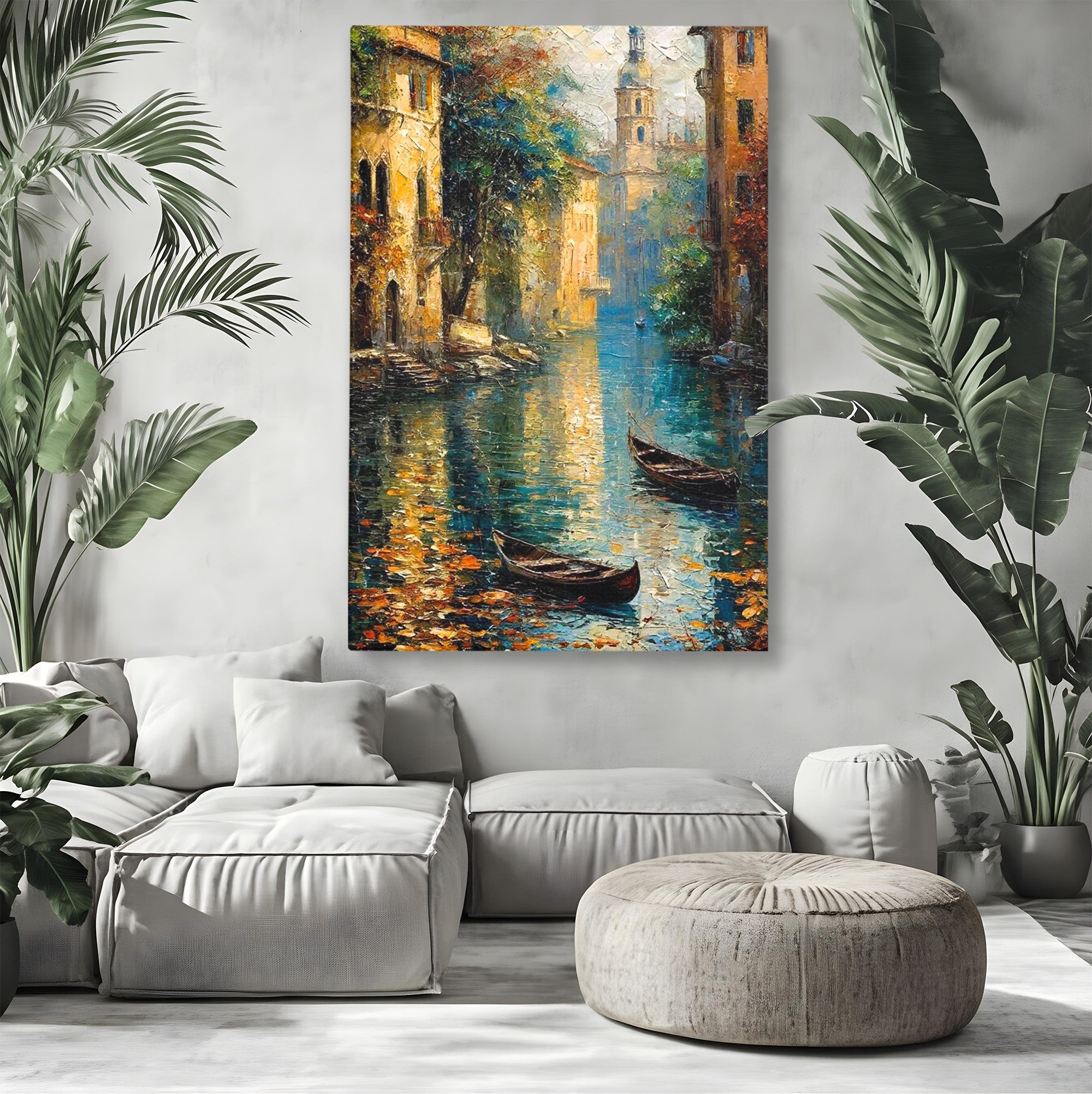 Tablou Canvas Premium LuxCanva® PI1148, Canalul Linistit, Peisaj, Apa, Barci, Toamna, Oras, Living, Culori Vibrante
