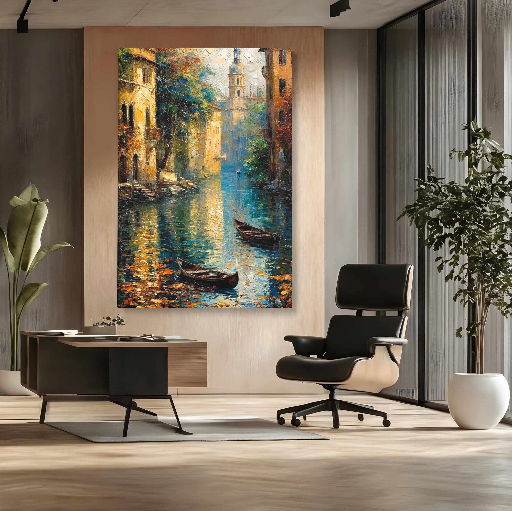 Tablou Canvas Premium LuxCanva® PI1148, Canalul Linistit, Peisaj, Apa, Barci, Toamna, Oras, Living, Culori Vibrante