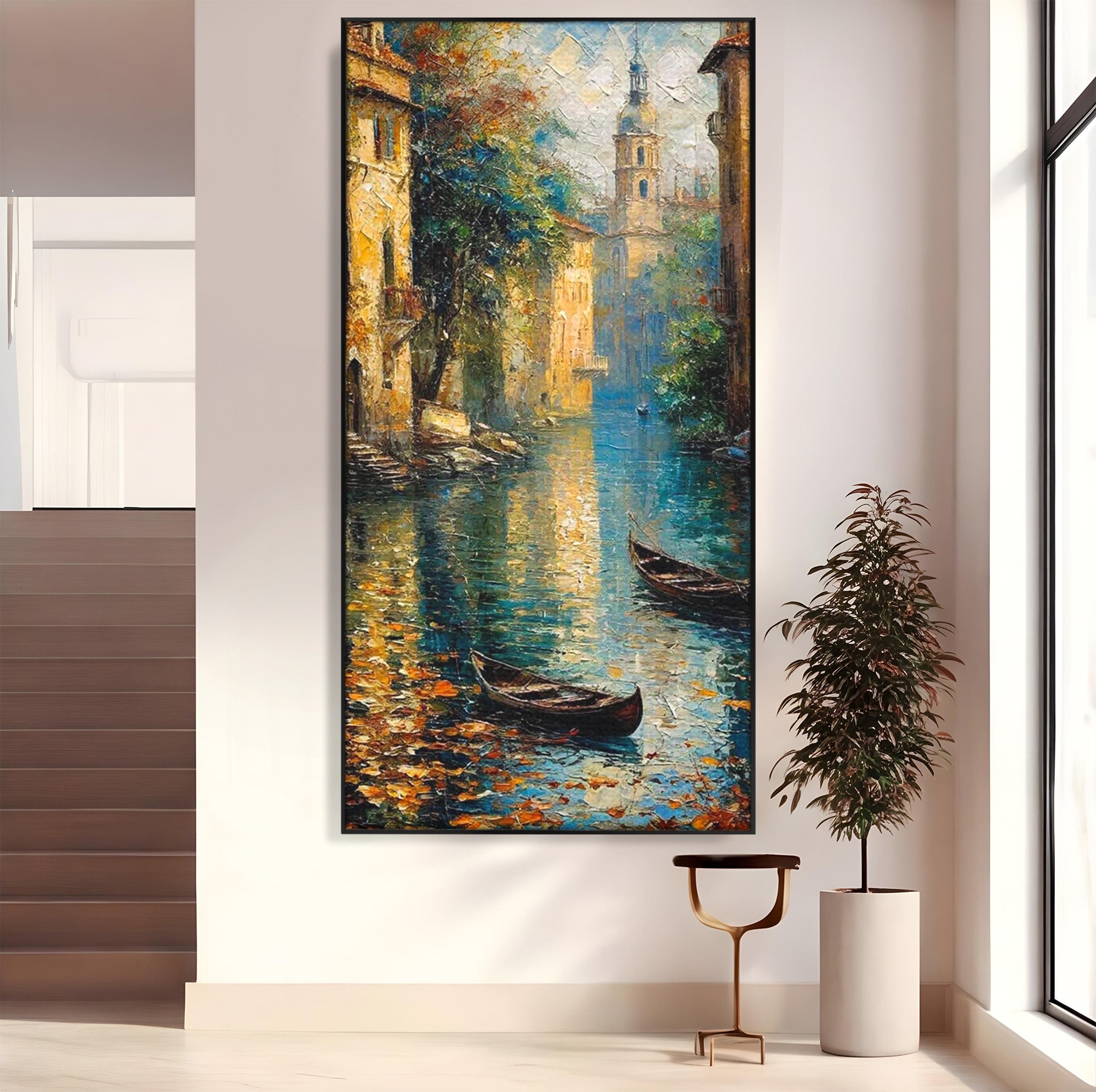 Tablou Canvas Premium LuxCanva® PI1148, Canalul Linistit, Peisaj, Apa, Barci, Toamna, Oras, Living, Culori Vibrante
