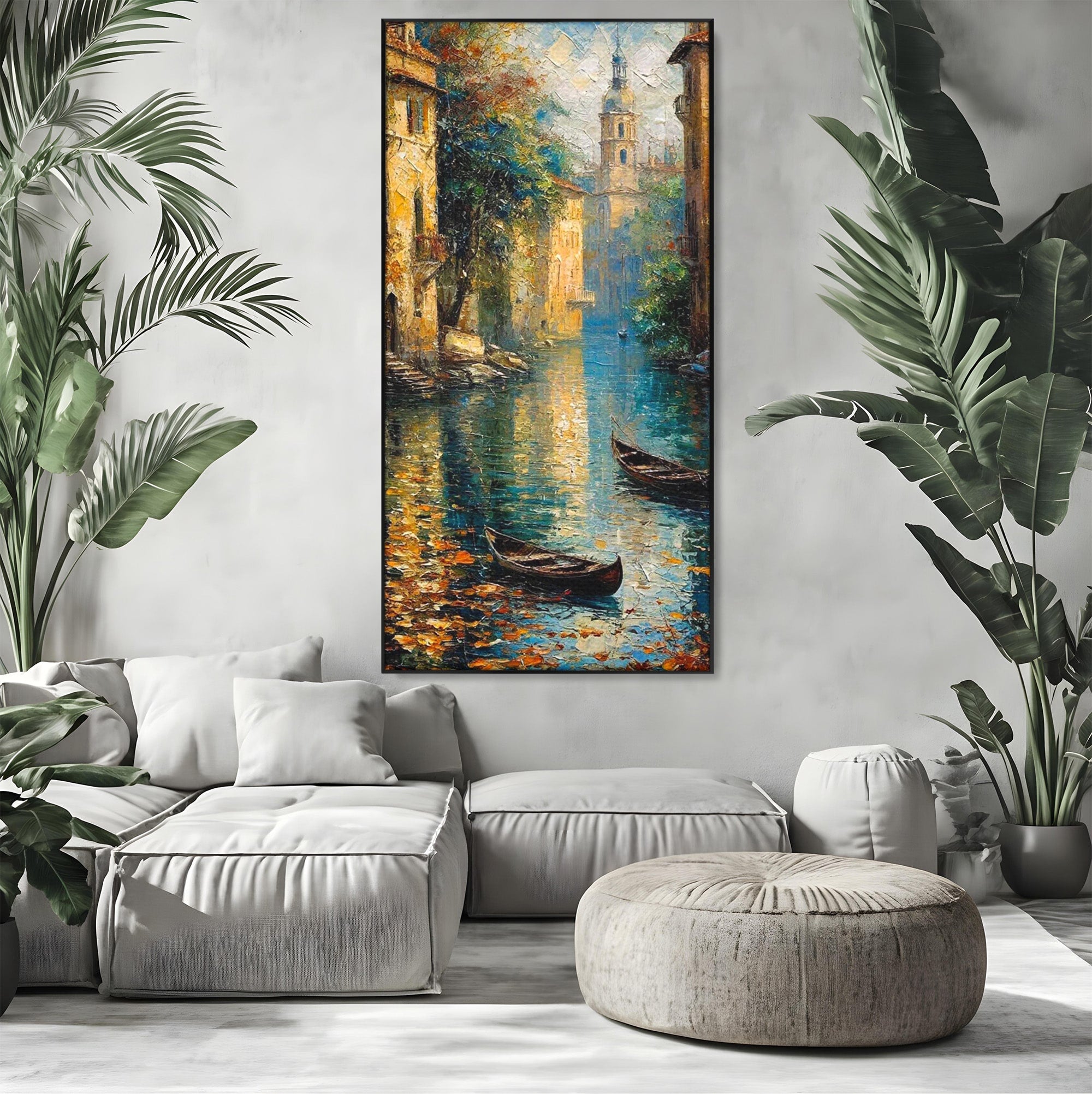 Tablou Canvas Premium LuxCanva® PI1148, Canalul Linistit, Peisaj, Apa, Barci, Toamna, Oras, Living, Culori Vibrante