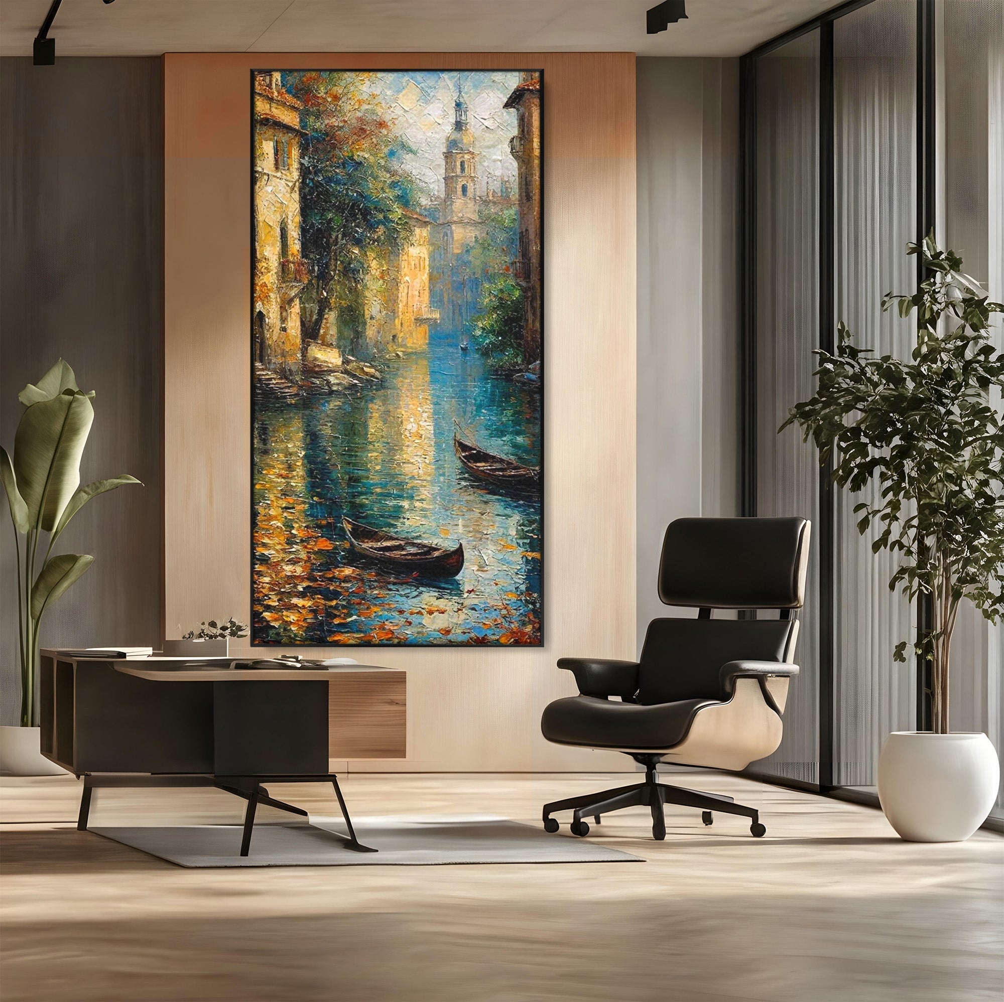 Tablou Canvas Premium LuxCanva® PI1148, Canalul Linistit, Peisaj, Apa, Barci, Toamna, Oras, Living, Culori Vibrante