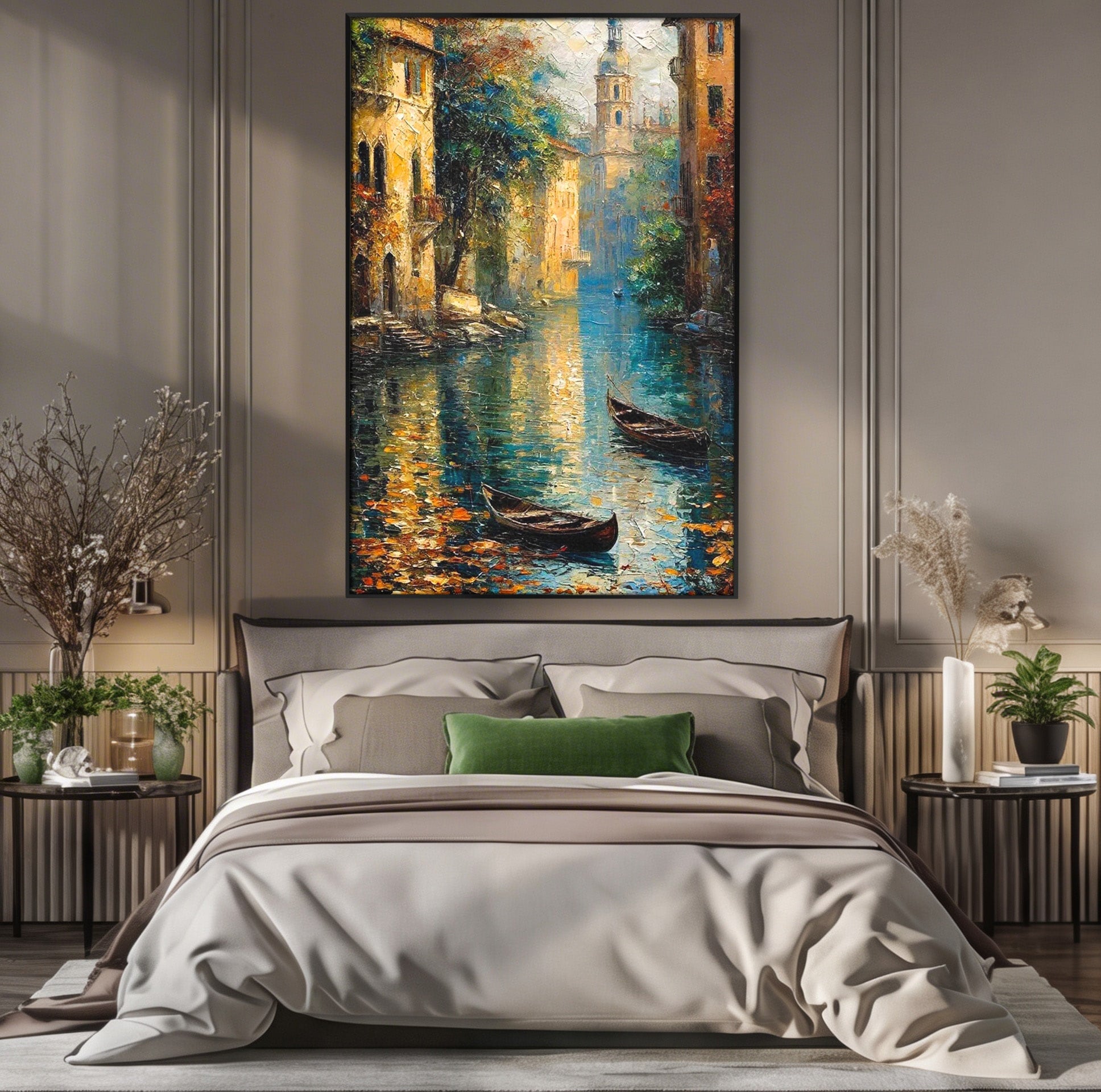 Tablou Canvas Premium LuxCanva® PI1148, Canalul Linistit, Peisaj, Apa, Barci, Toamna, Oras, Living, Culori Vibrante