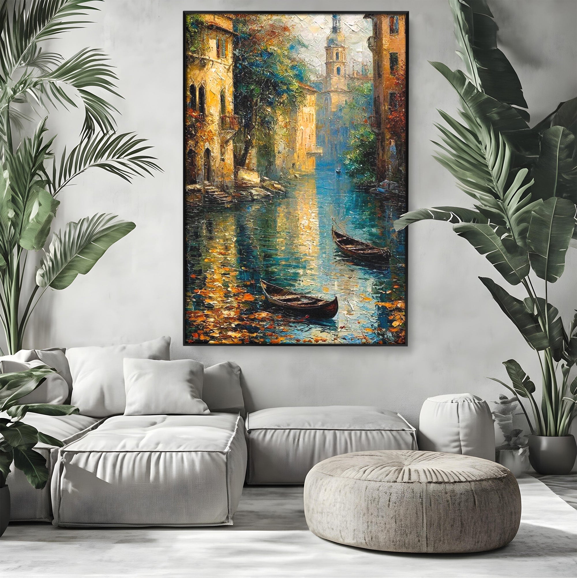 Tablou Canvas Premium LuxCanva® PI1148, Canalul Linistit, Peisaj, Apa, Barci, Toamna, Oras, Living, Culori Vibrante
