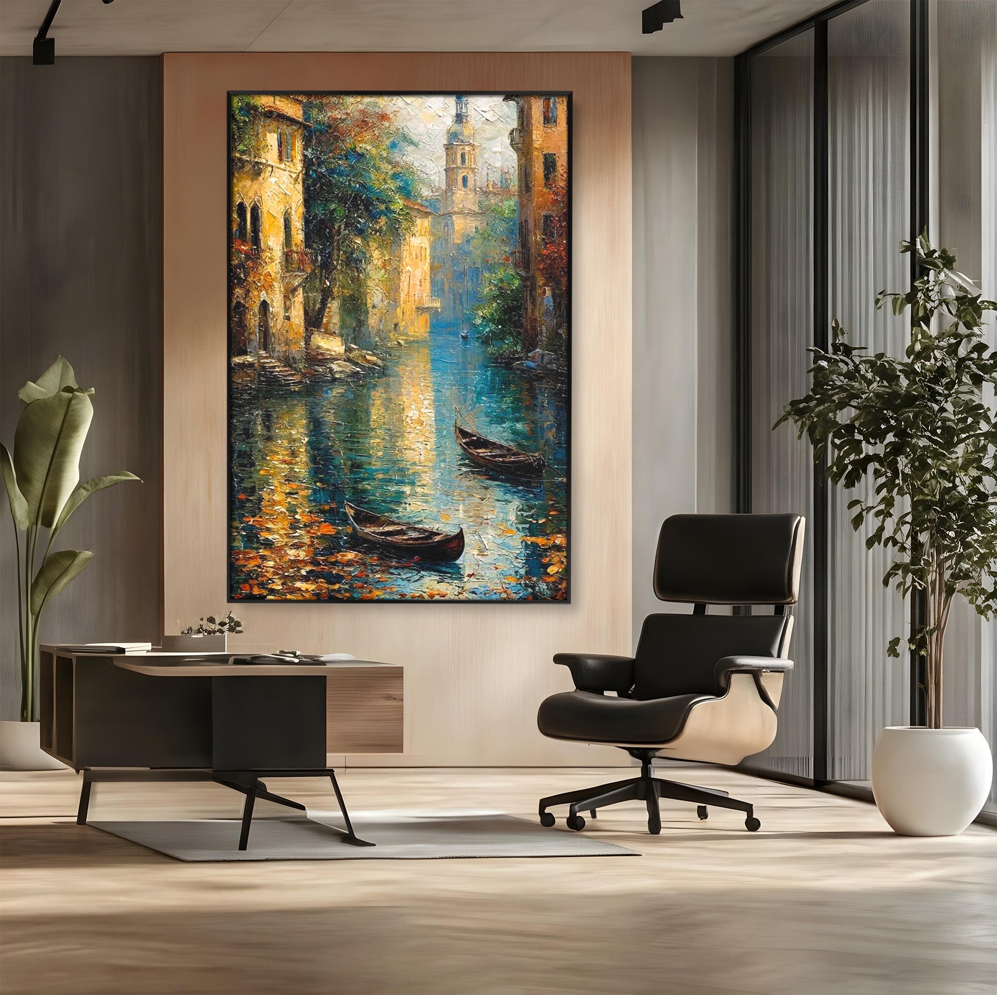 Tablou Canvas Premium LuxCanva® PI1148, Canalul Linistit, Peisaj, Apa, Barci, Toamna, Oras, Living, Culori Vibrante