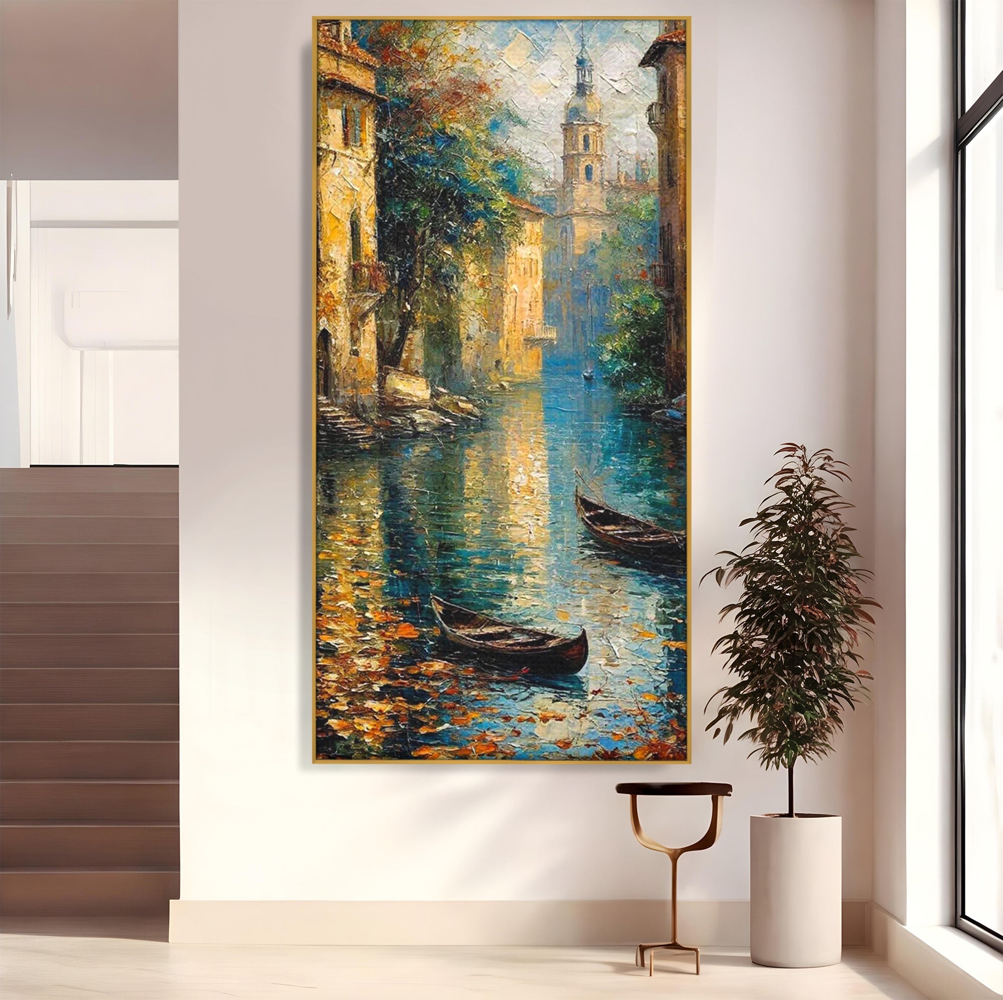 Tablou Canvas Premium LuxCanva® PI1148, Canalul Linistit, Peisaj, Apa, Barci, Toamna, Oras, Living, Culori Vibrante