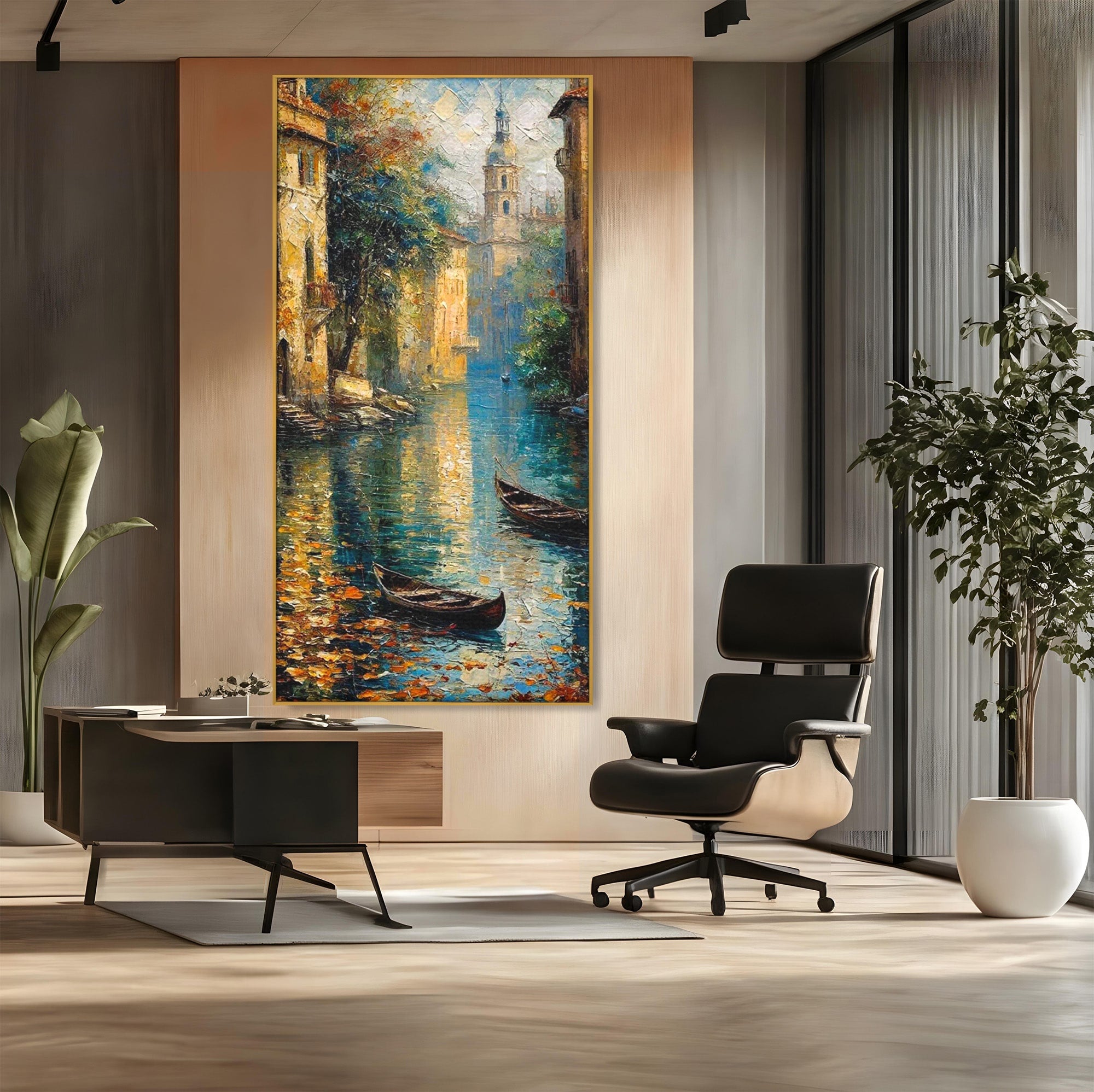 Tablou Canvas Premium LuxCanva® PI1148, Canalul Linistit, Peisaj, Apa, Barci, Toamna, Oras, Living, Culori Vibrante