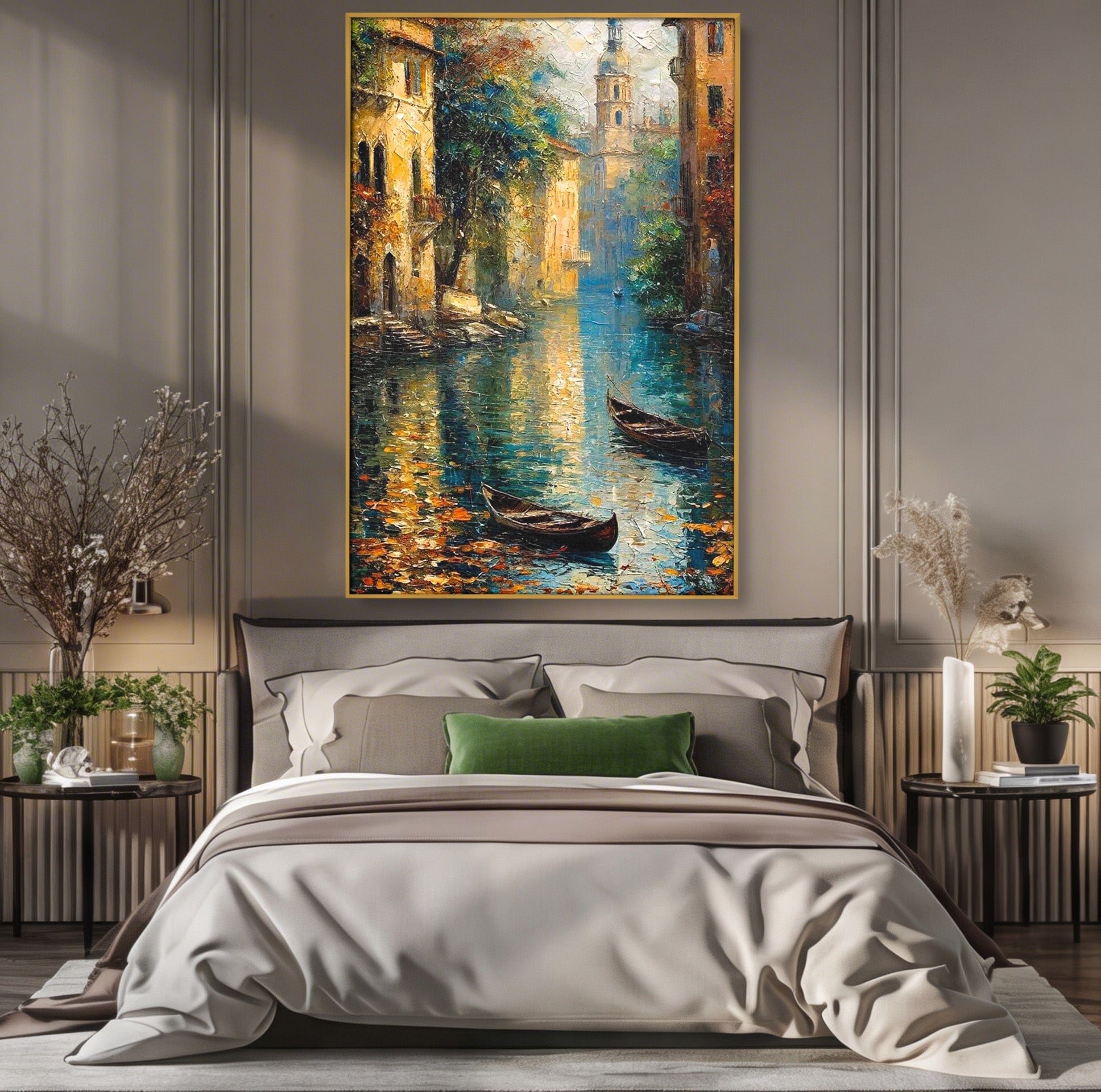 Tablou Canvas Premium LuxCanva® PI1148, Canalul Linistit, Peisaj, Apa, Barci, Toamna, Oras, Living, Culori Vibrante