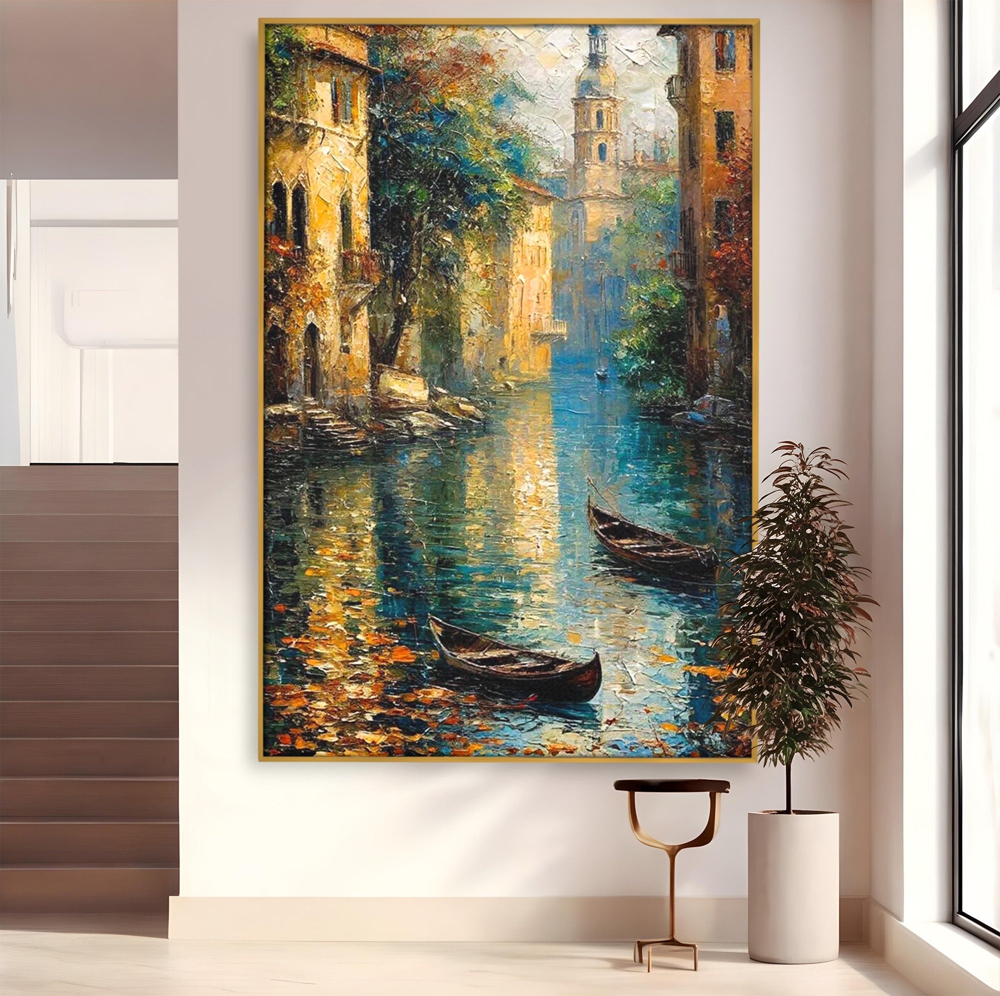 Tablou Canvas Premium LuxCanva® PI1148, Canalul Linistit, Peisaj, Apa, Barci, Toamna, Oras, Living, Culori Vibrante