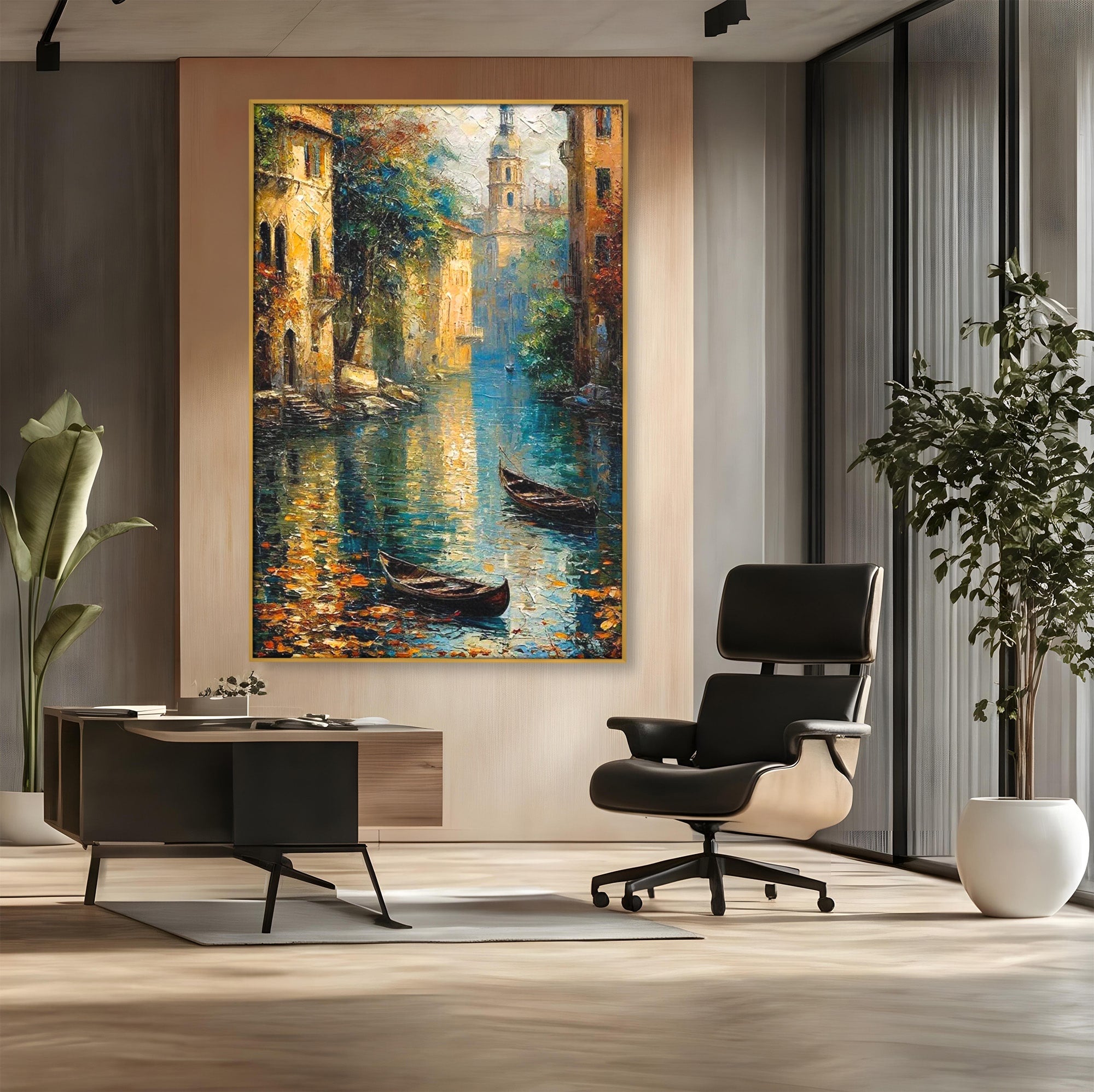 Tablou Canvas Premium LuxCanva® PI1148, Canalul Linistit, Peisaj, Apa, Barci, Toamna, Oras, Living, Culori Vibrante