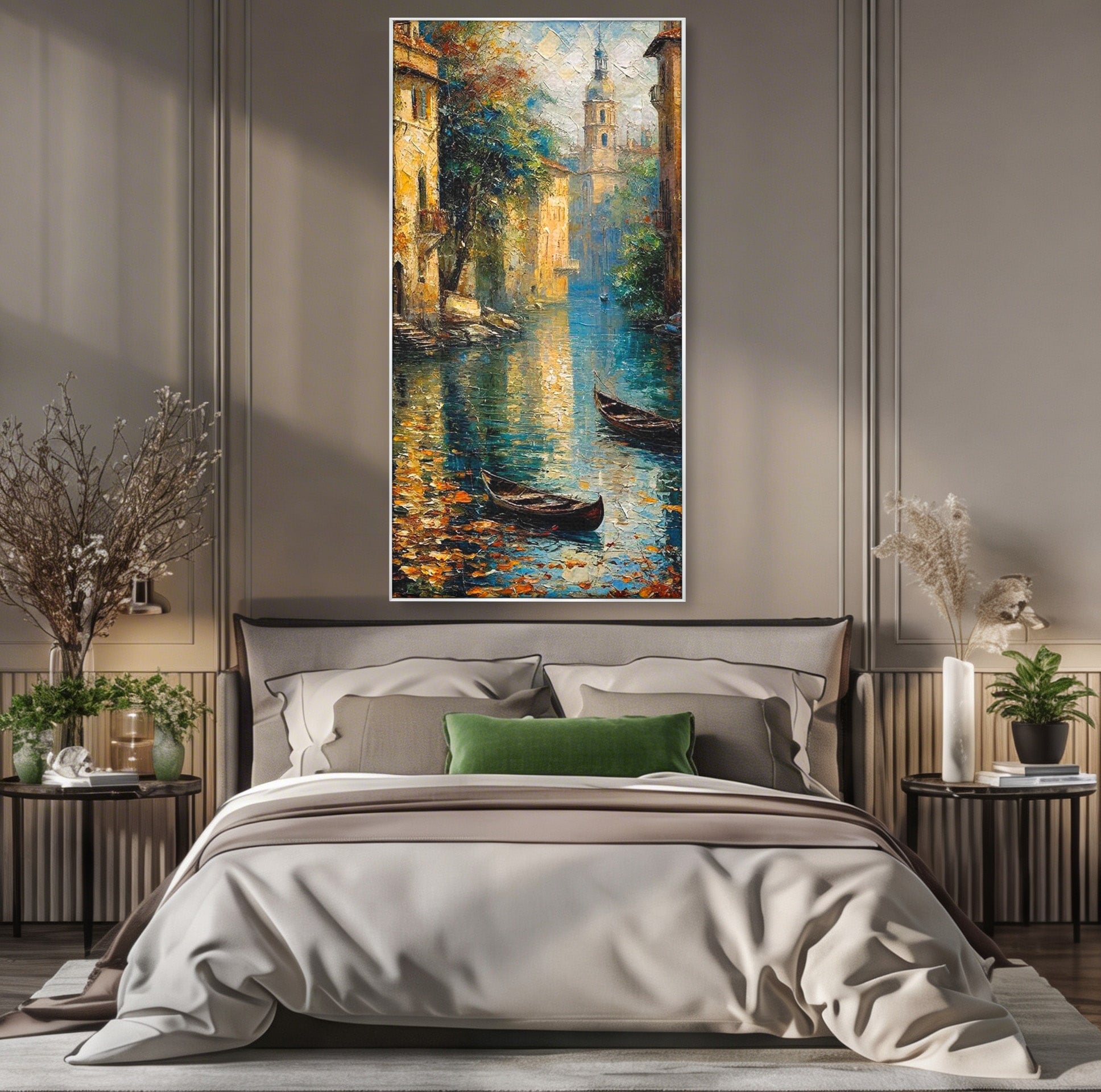 Tablou Canvas Premium LuxCanva® PI1148, Canalul Linistit, Peisaj, Apa, Barci, Toamna, Oras, Living, Culori Vibrante