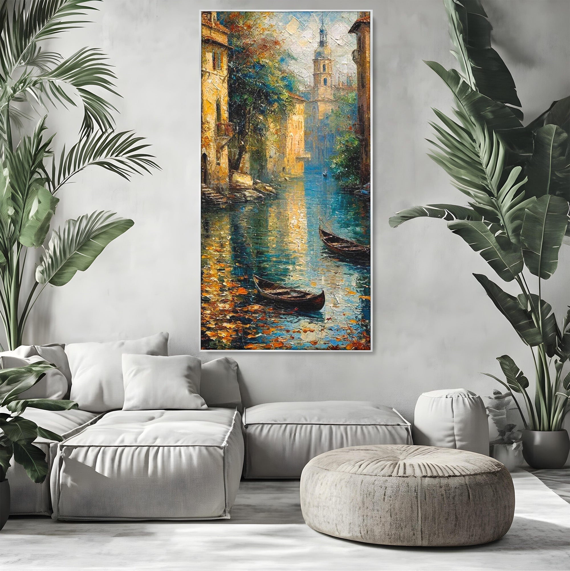Tablou Canvas Premium LuxCanva® PI1148, Canalul Linistit, Peisaj, Apa, Barci, Toamna, Oras, Living, Culori Vibrante