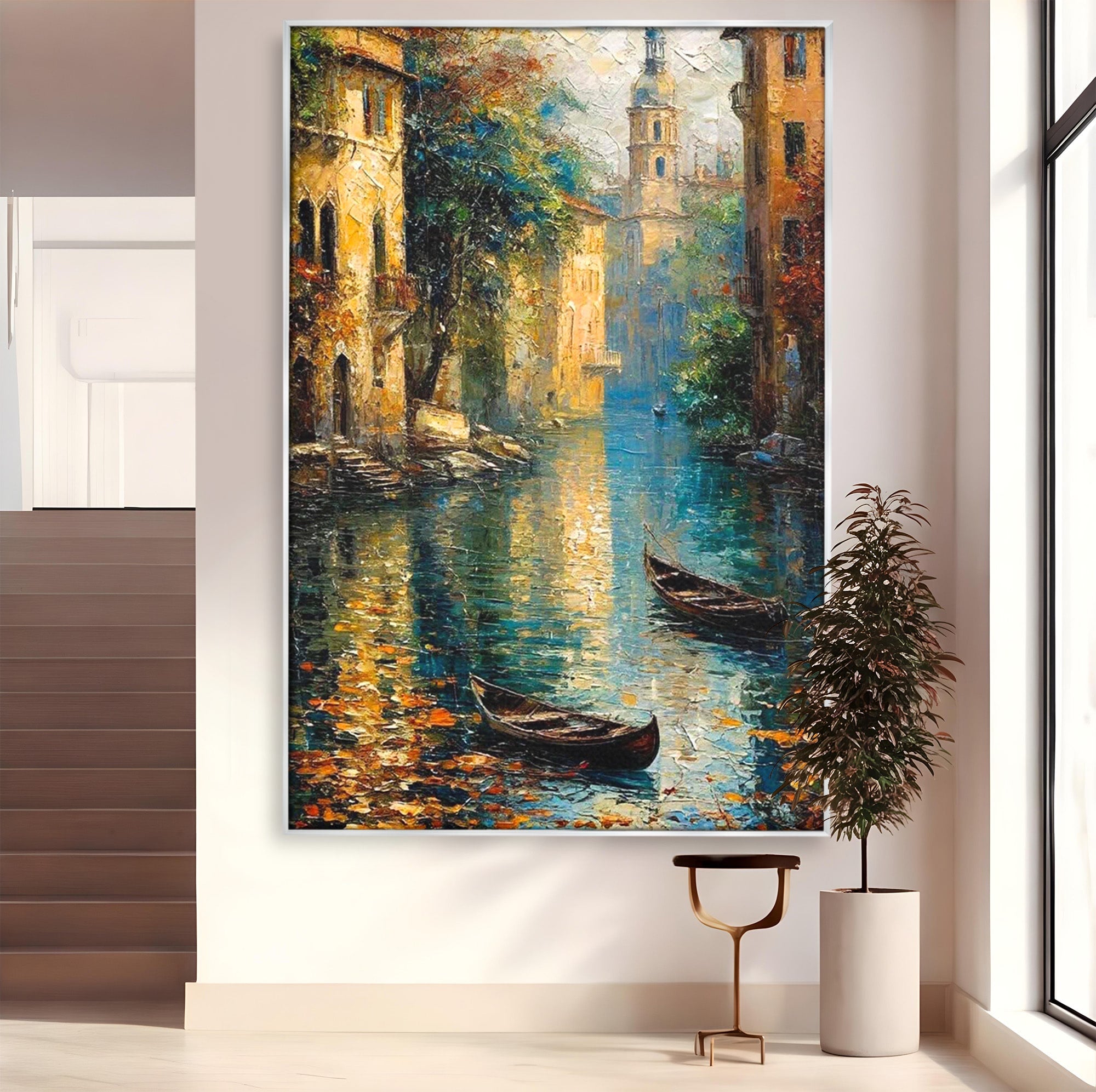 Tablou Canvas Premium LuxCanva® PI1148, Canalul Linistit, Peisaj, Apa, Barci, Toamna, Oras, Living, Culori Vibrante