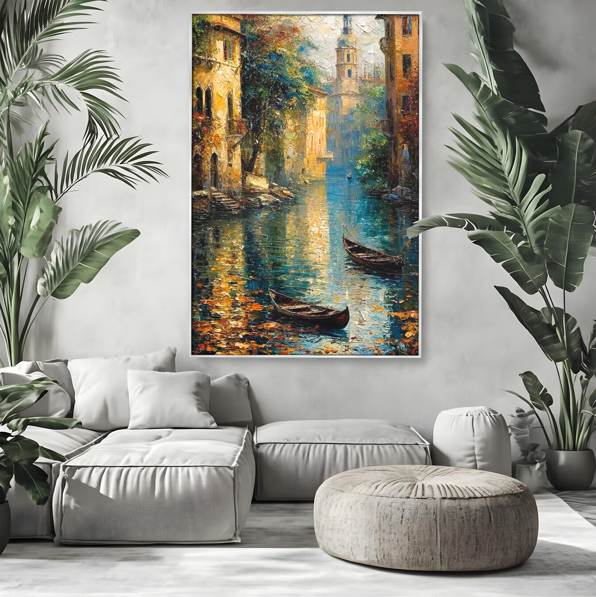 Tablou Canvas Premium LuxCanva® PI1148, Canalul Linistit, Peisaj, Apa, Barci, Toamna, Oras, Living, Culori Vibrante