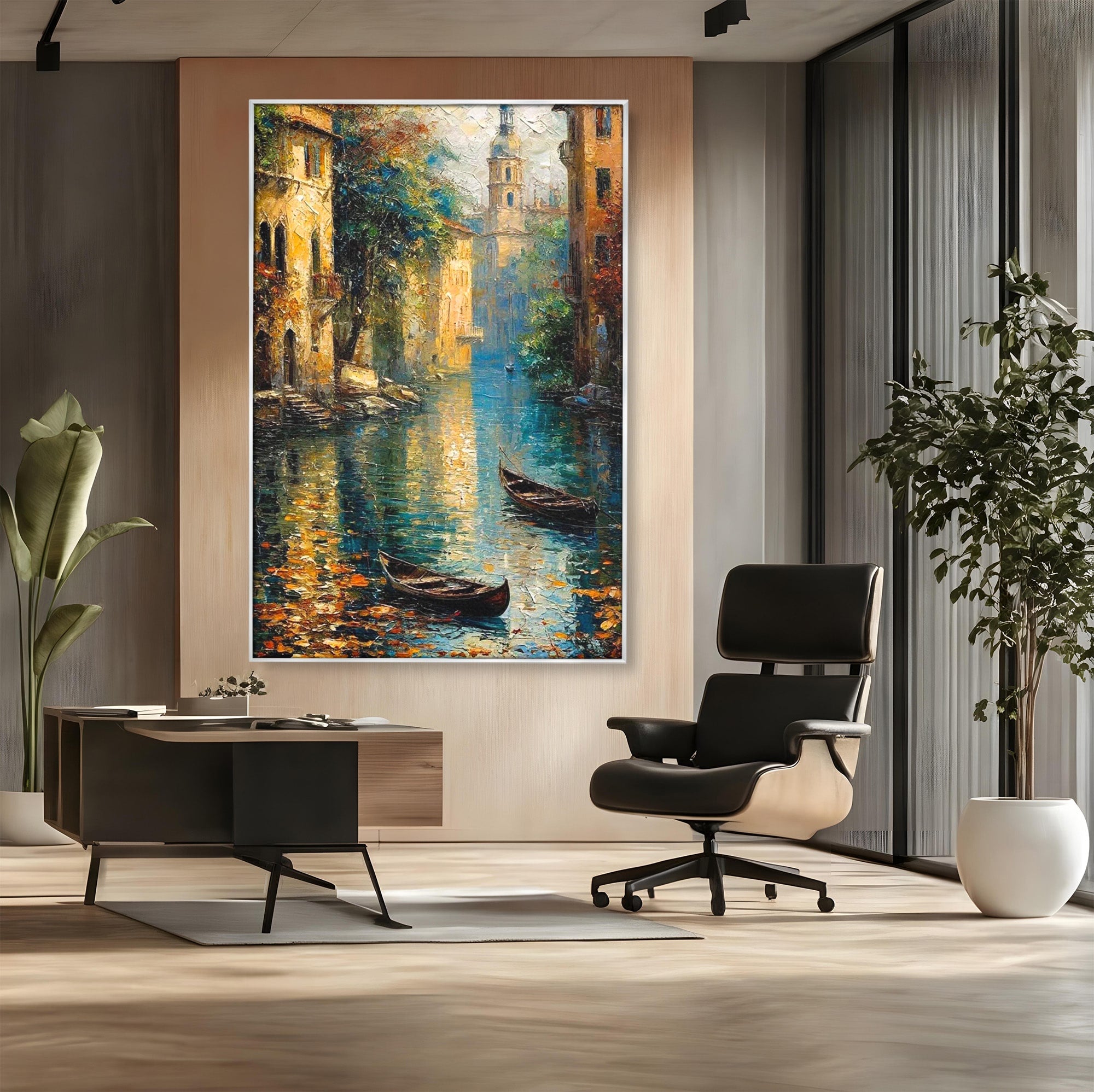 Tablou Canvas Premium LuxCanva® PI1148, Canalul Linistit, Peisaj, Apa, Barci, Toamna, Oras, Living, Culori Vibrante