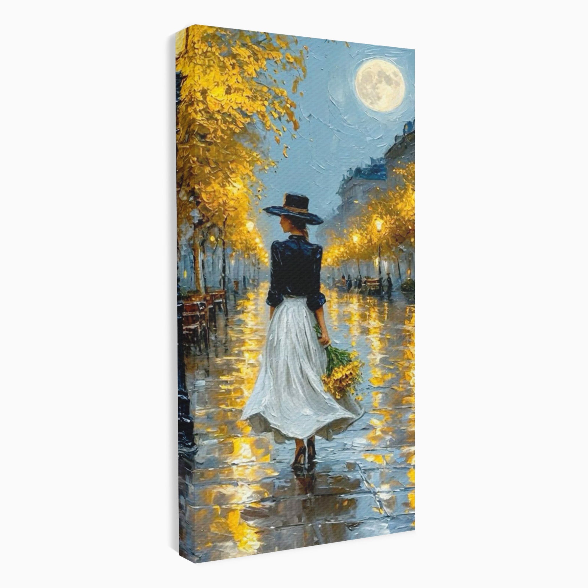 Tablou Canvas Premium LuxCanva® PI1149, Femeie Pe Strada Noaptea, Diafan, Plimbare, Alee, Romantic, Living, Toamna, Culori Vibrante