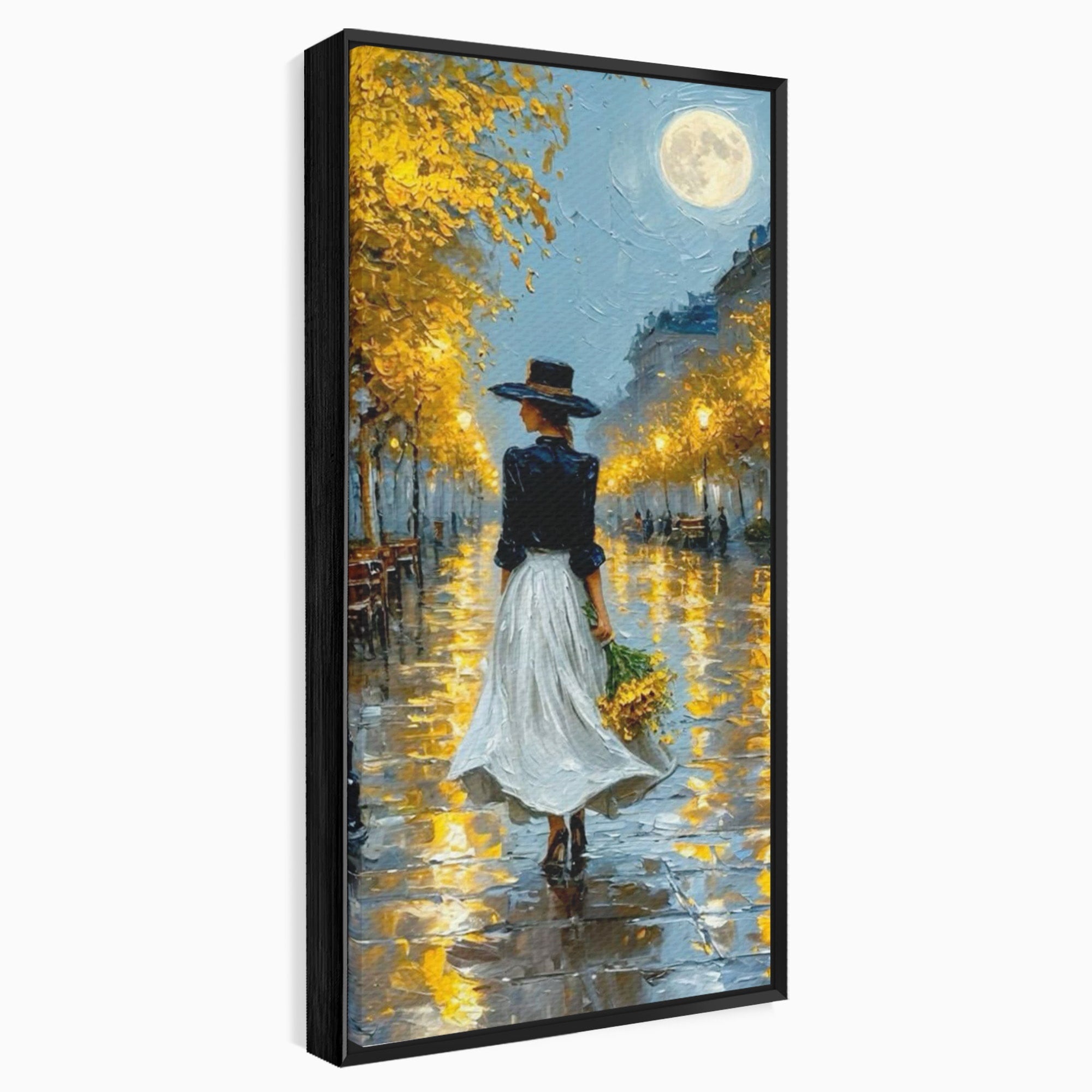 Tablou Canvas Premium LuxCanva® PI1149, Femeie Pe Strada Noaptea, Diafan, Plimbare, Alee, Romantic, Living, Toamna, Culori Vibrante