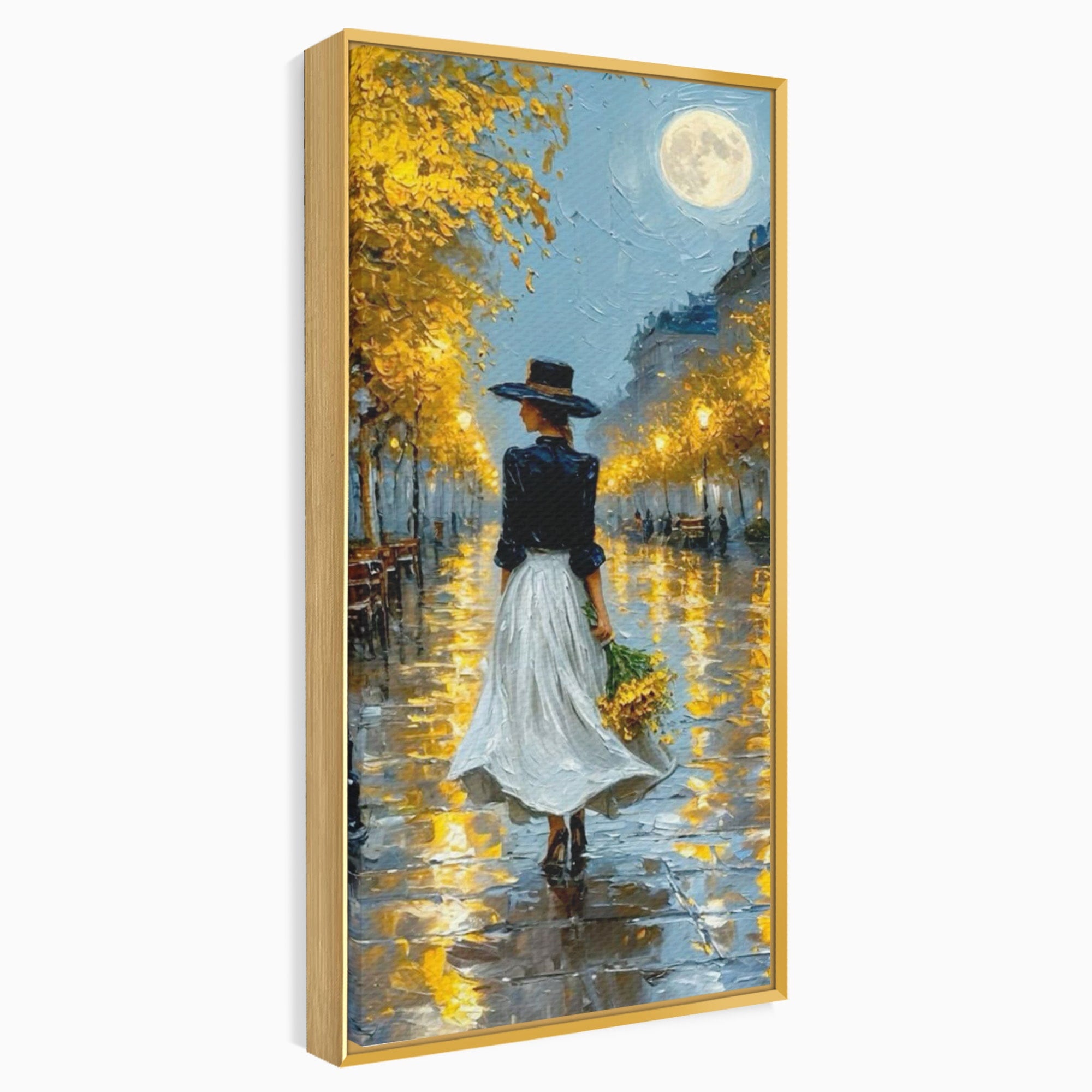 Tablou Canvas Premium LuxCanva® PI1149, Femeie Pe Strada Noaptea, Diafan, Plimbare, Alee, Romantic, Living, Toamna, Culori Vibrante