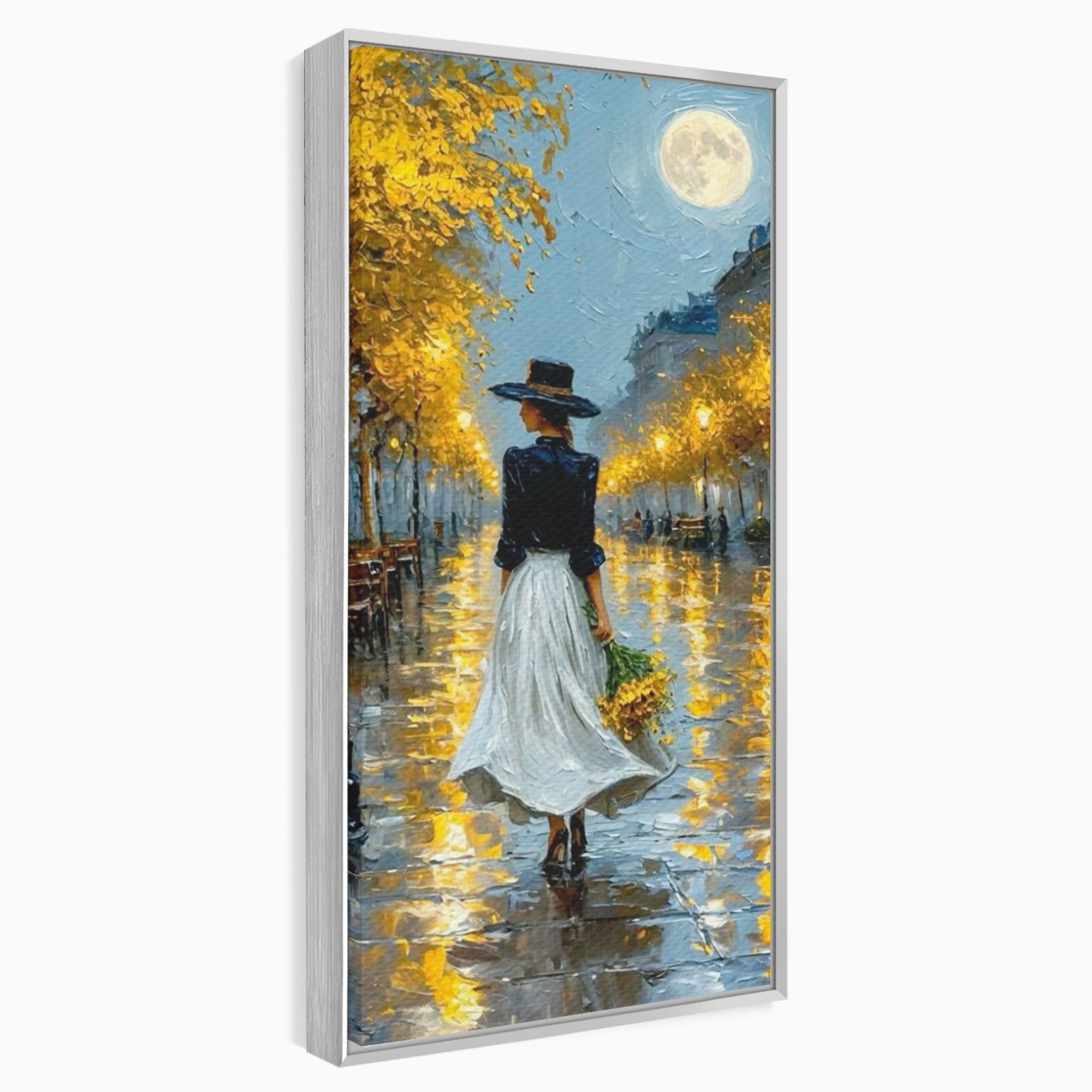 Tablou Canvas Premium LuxCanva® PI1149, Femeie Pe Strada Noaptea, Diafan, Plimbare, Alee, Romantic, Living, Toamna, Culori Vibrante
