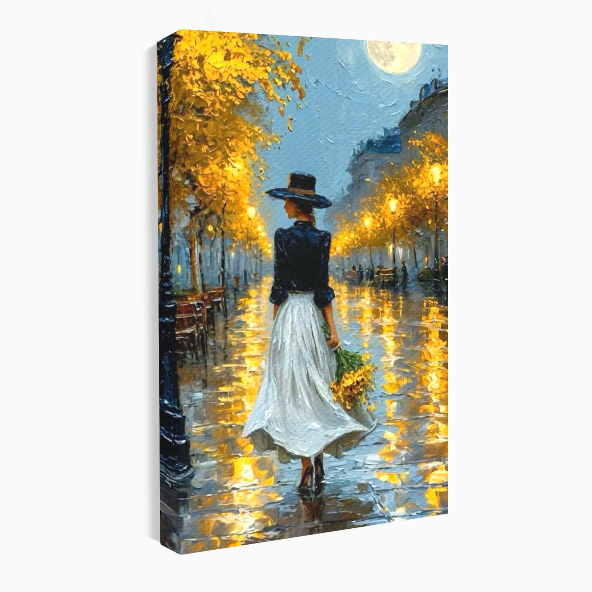 Tablou Canvas Premium LuxCanva® PI1149, Femeie Pe Strada Noaptea, Diafan, Plimbare, Alee, Romantic, Living, Toamna, Culori Vibrante