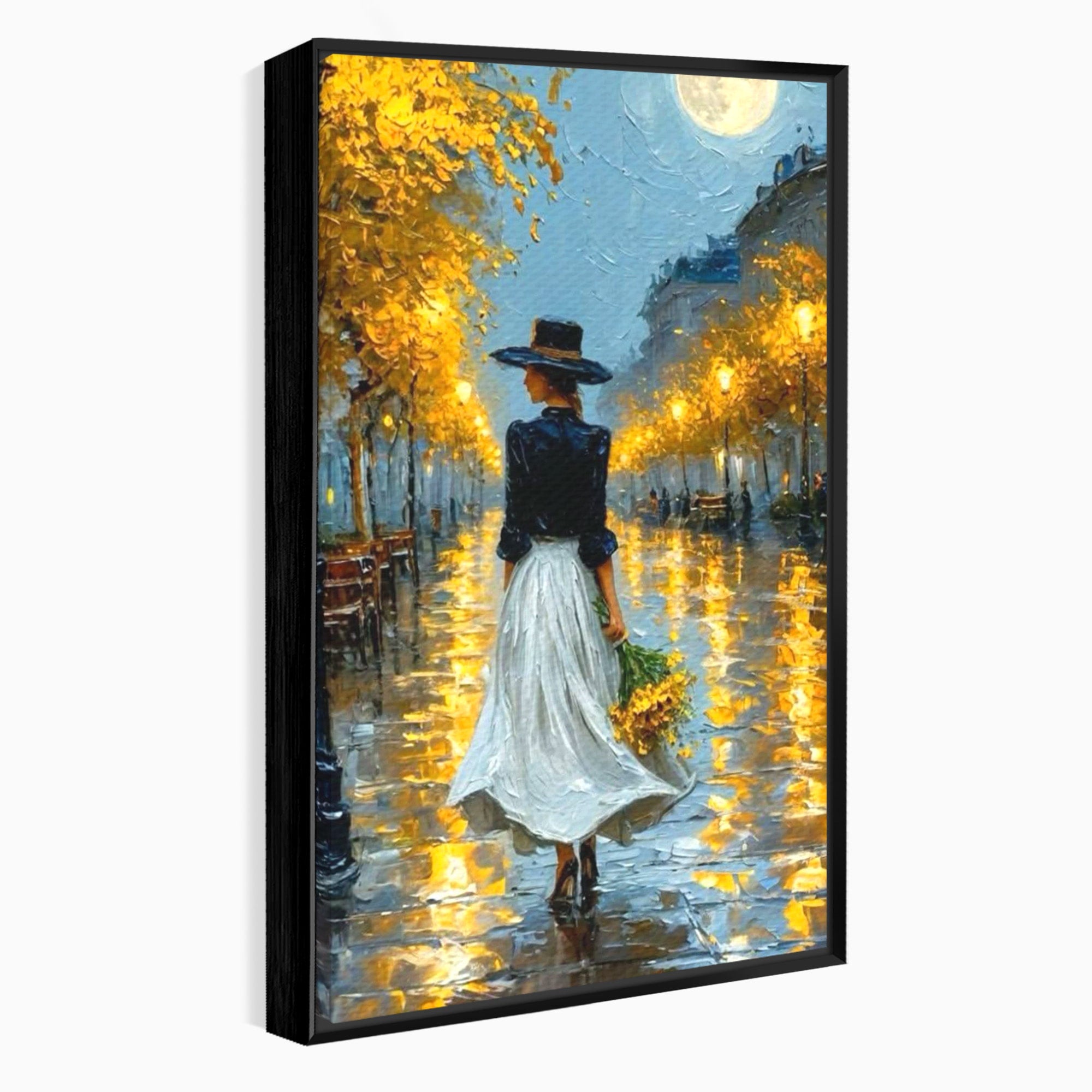 Tablou Canvas Premium LuxCanva® PI1149, Femeie Pe Strada Noaptea, Diafan, Plimbare, Alee, Romantic, Living, Toamna, Culori Vibrante