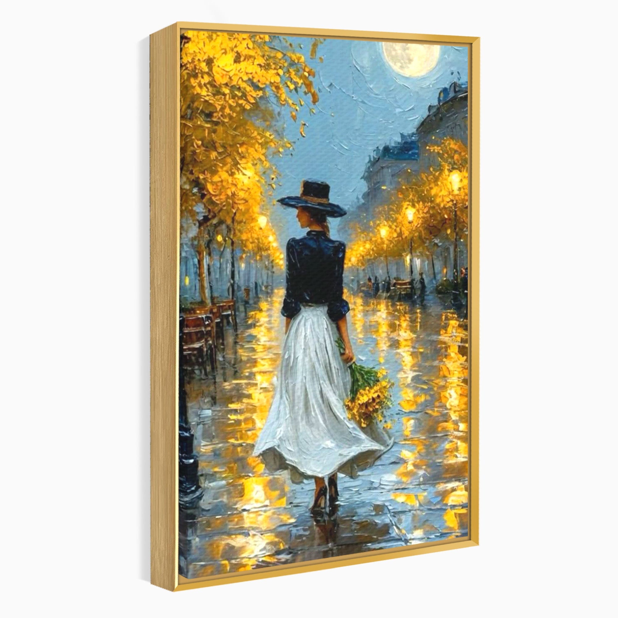Tablou Canvas Premium LuxCanva® PI1149, Femeie Pe Strada Noaptea, Diafan, Plimbare, Alee, Romantic, Living, Toamna, Culori Vibrante