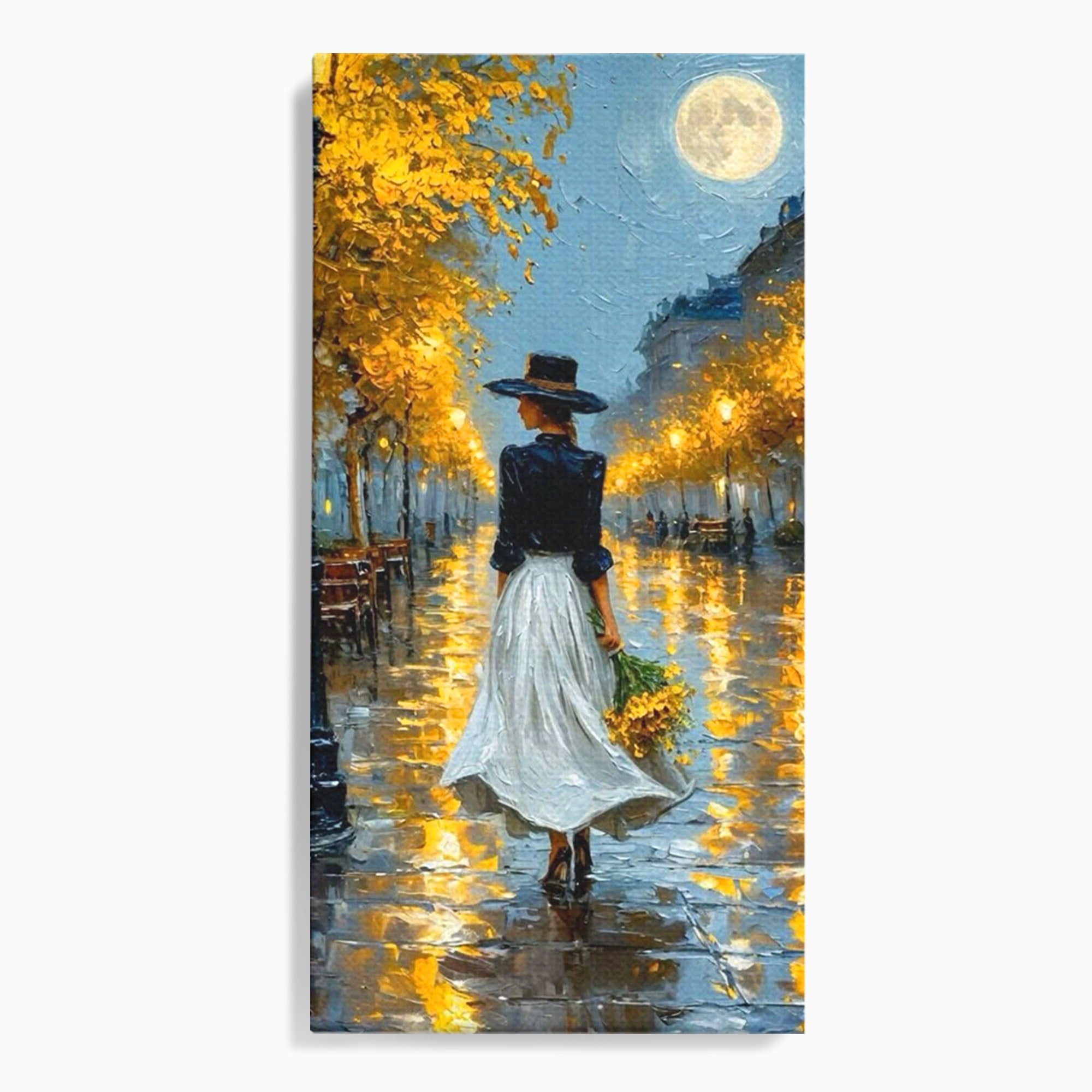 Tablou Canvas Premium LuxCanva® PI1149, Femeie Pe Strada Noaptea, Diafan, Plimbare, Alee, Romantic, Living, Toamna, Culori Vibrante