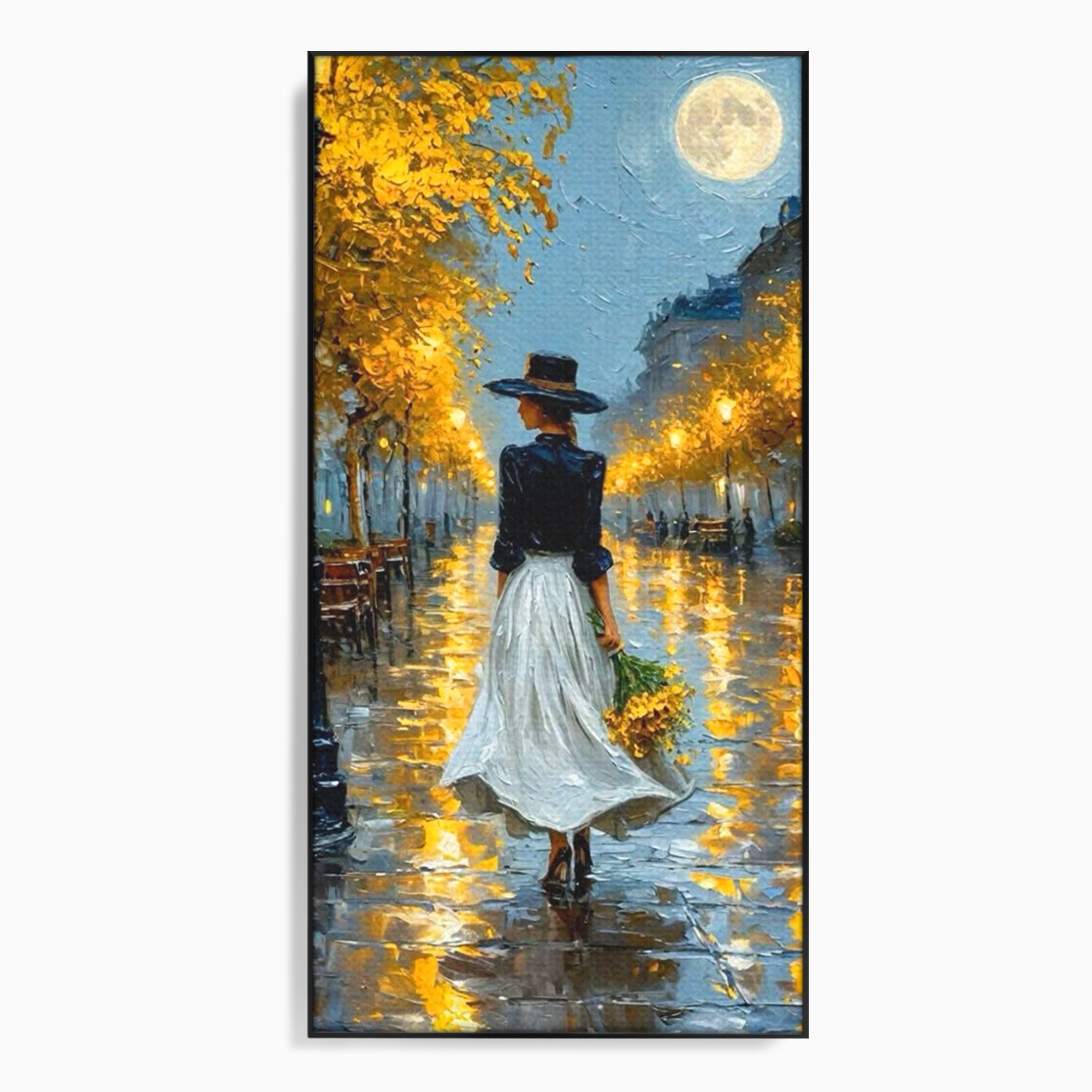 Tablou Canvas Premium LuxCanva® PI1149, Femeie Pe Strada Noaptea, Diafan, Plimbare, Alee, Romantic, Living, Toamna, Culori Vibrante