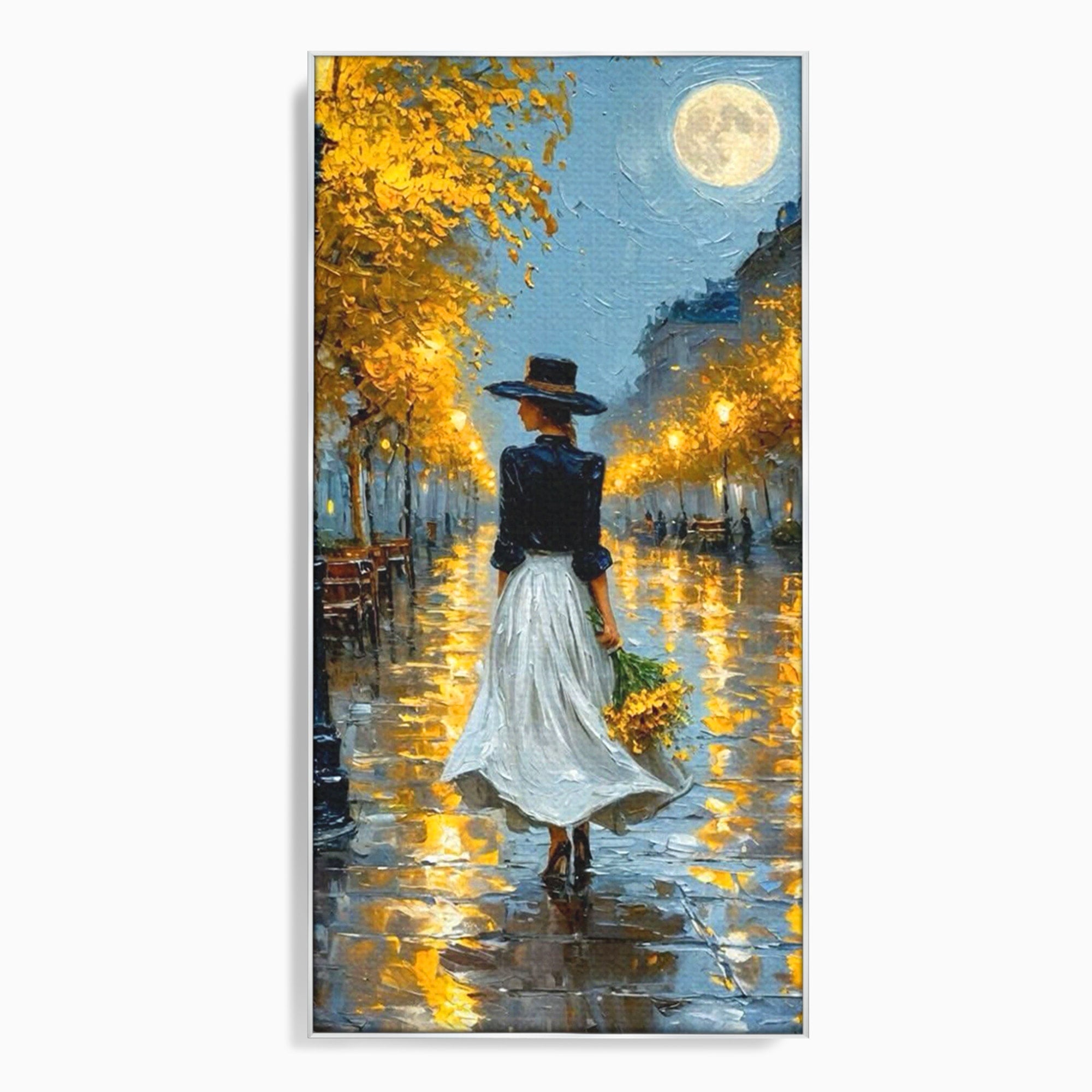 Tablou Canvas Premium LuxCanva® PI1149, Femeie Pe Strada Noaptea, Diafan, Plimbare, Alee, Romantic, Living, Toamna, Culori Vibrante