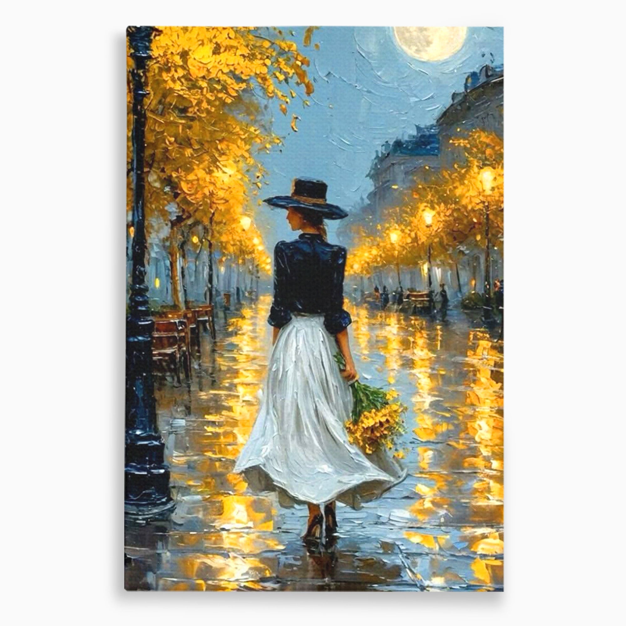 Tablou Canvas Premium LuxCanva® PI1149, Femeie Pe Strada Noaptea, Diafan, Plimbare, Alee, Romantic, Living, Toamna, Culori Vibrante