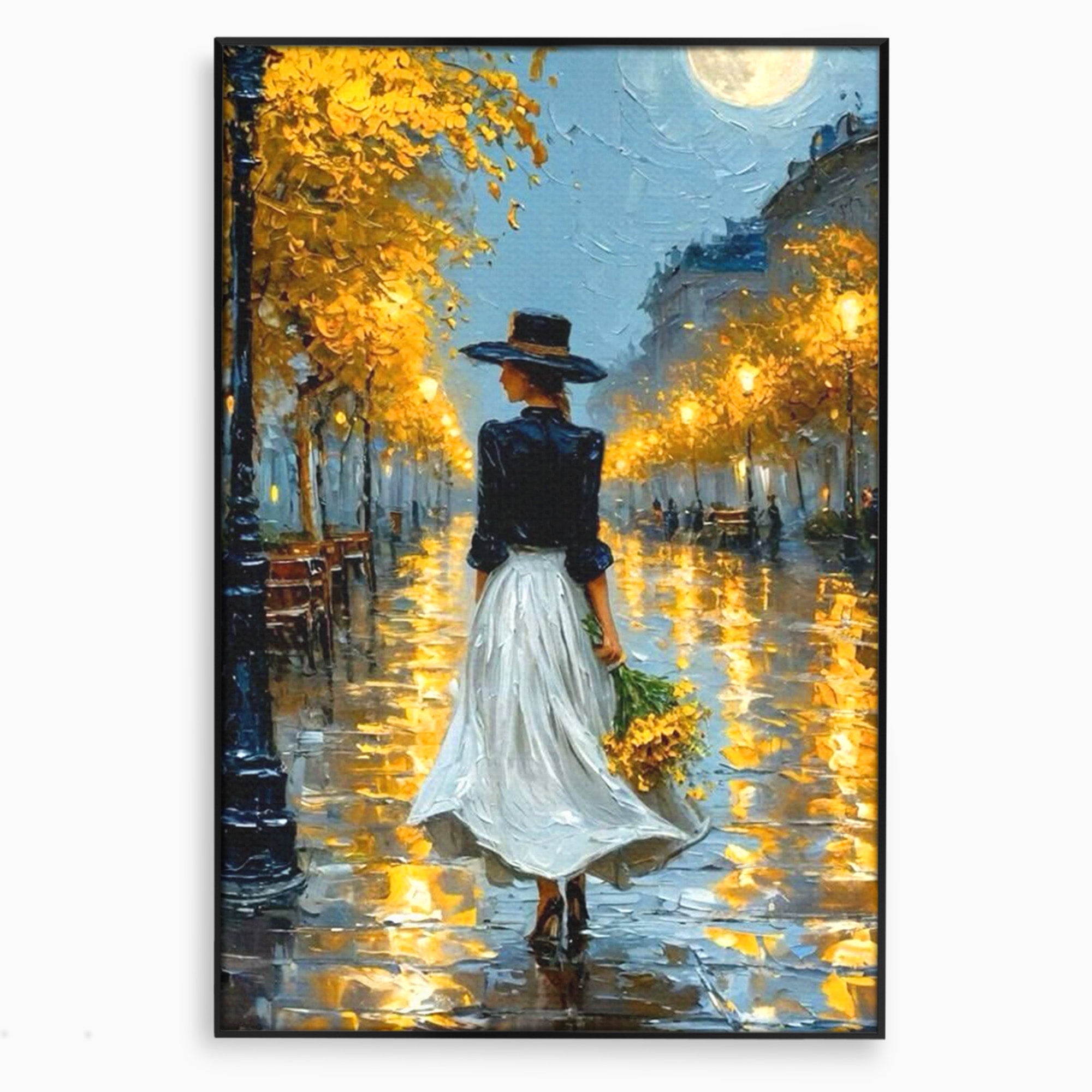 Tablou Canvas Premium LuxCanva® PI1149, Femeie Pe Strada Noaptea, Diafan, Plimbare, Alee, Romantic, Living, Toamna, Culori Vibrante