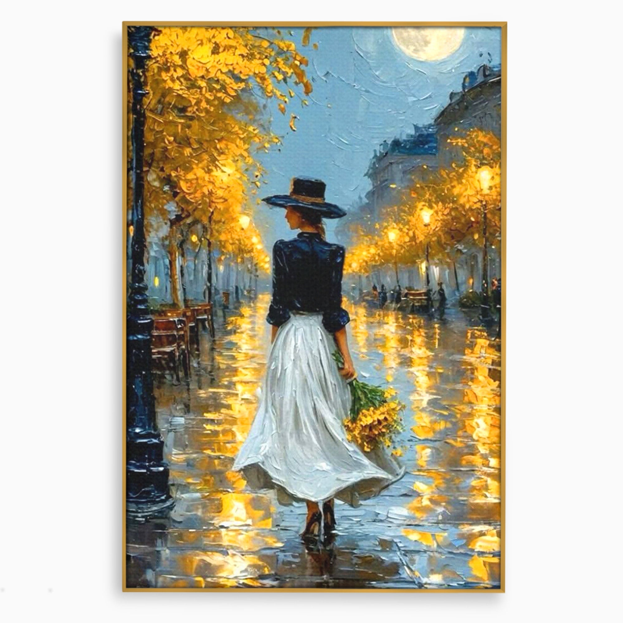Tablou Canvas Premium LuxCanva® PI1149, Femeie Pe Strada Noaptea, Diafan, Plimbare, Alee, Romantic, Living, Toamna, Culori Vibrante