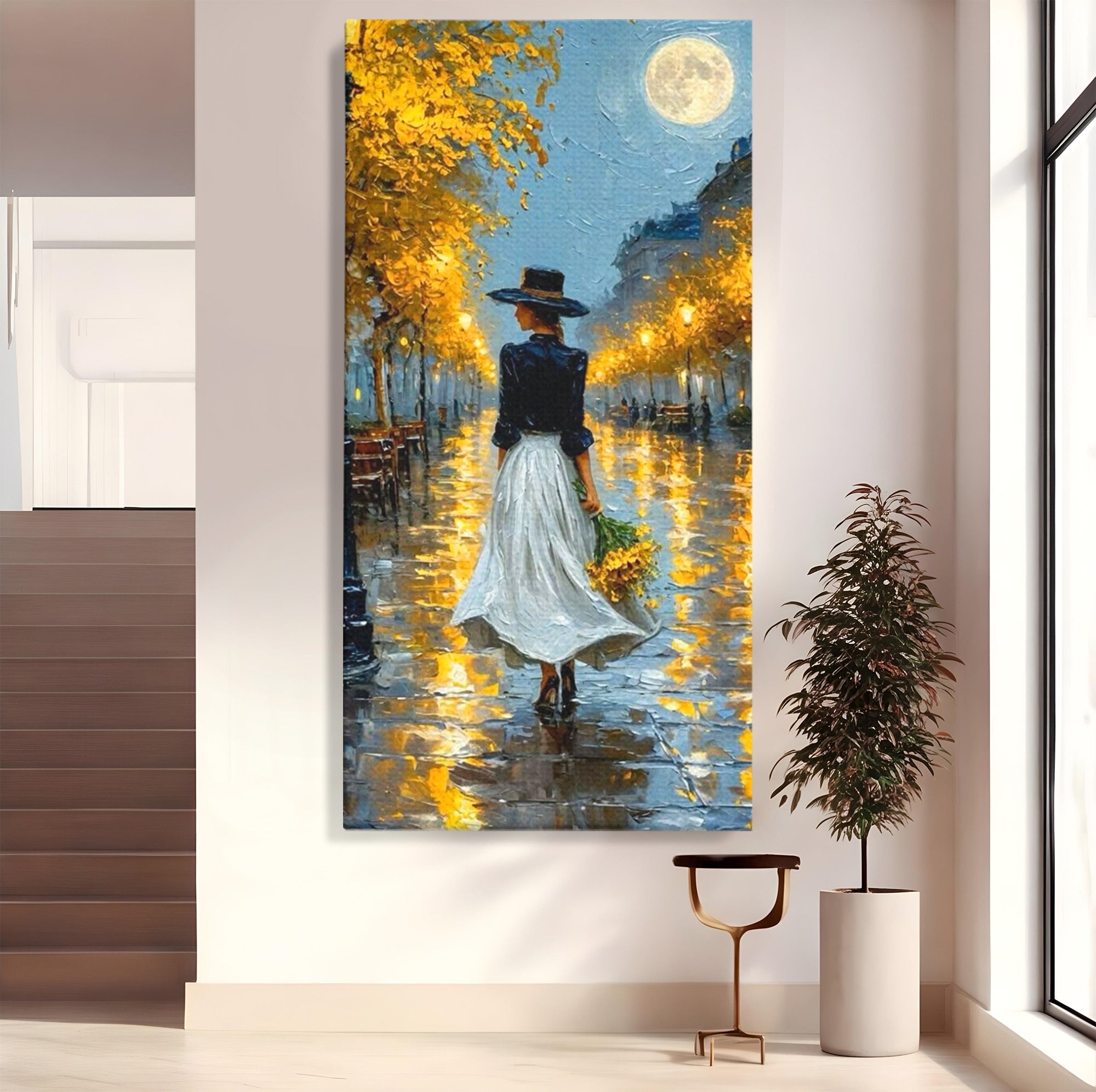 Tablou Canvas Premium LuxCanva® PI1149, Femeie Pe Strada Noaptea, Diafan, Plimbare, Alee, Romantic, Living, Toamna, Culori Vibrante