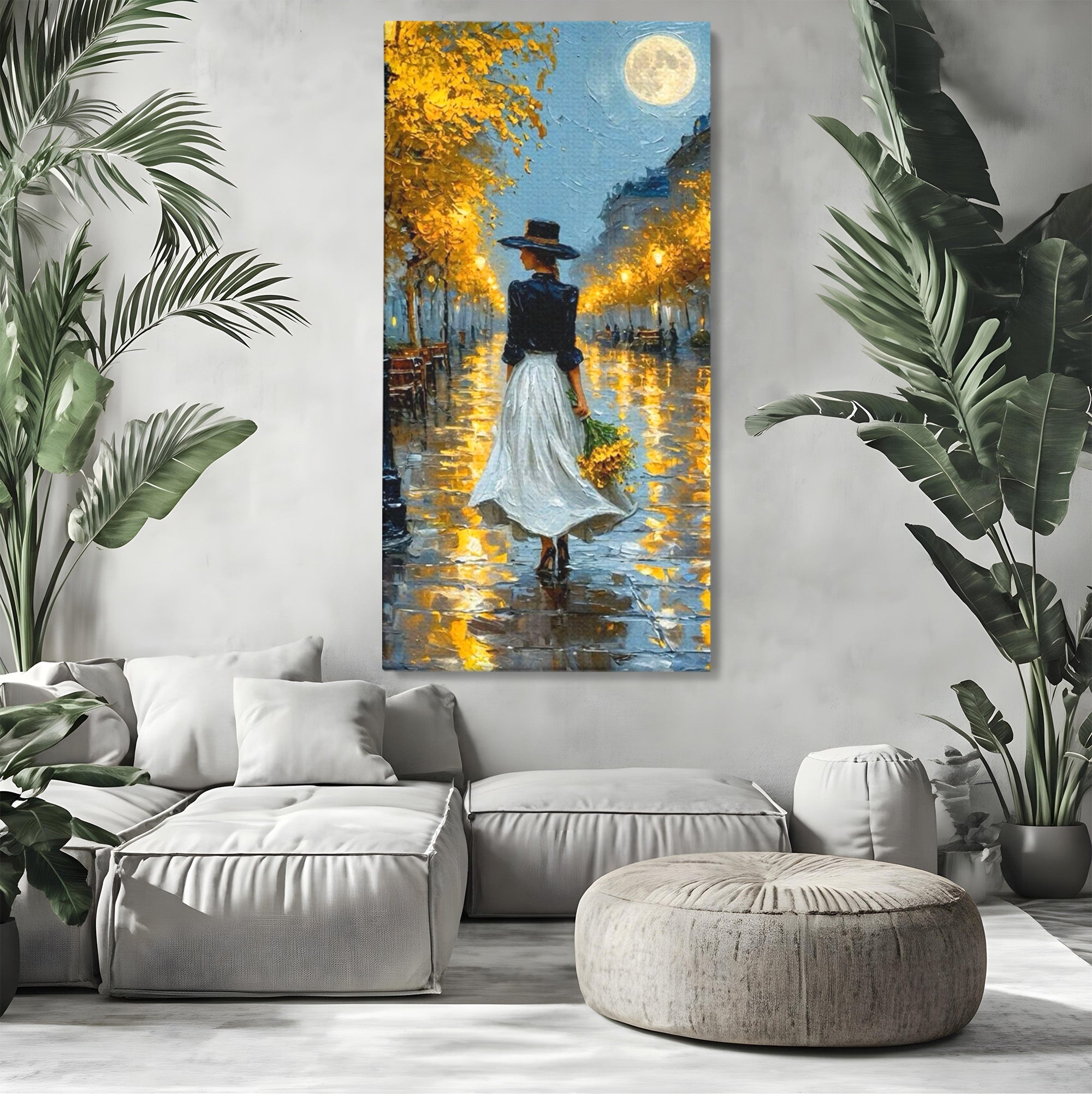 Tablou Canvas Premium LuxCanva® PI1149, Femeie Pe Strada Noaptea, Diafan, Plimbare, Alee, Romantic, Living, Toamna, Culori Vibrante