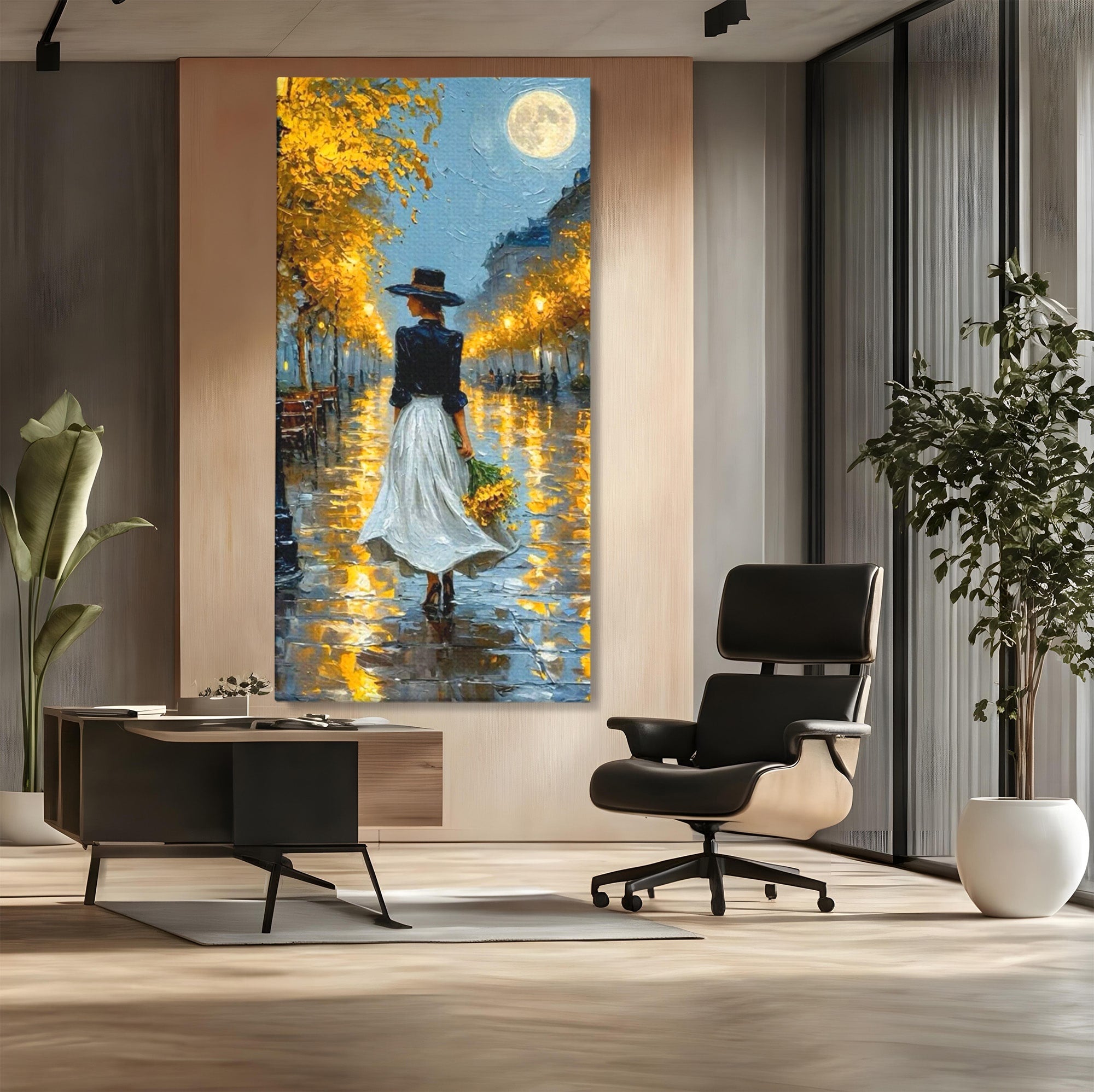 Tablou Canvas Premium LuxCanva® PI1149, Femeie Pe Strada Noaptea, Diafan, Plimbare, Alee, Romantic, Living, Toamna, Culori Vibrante